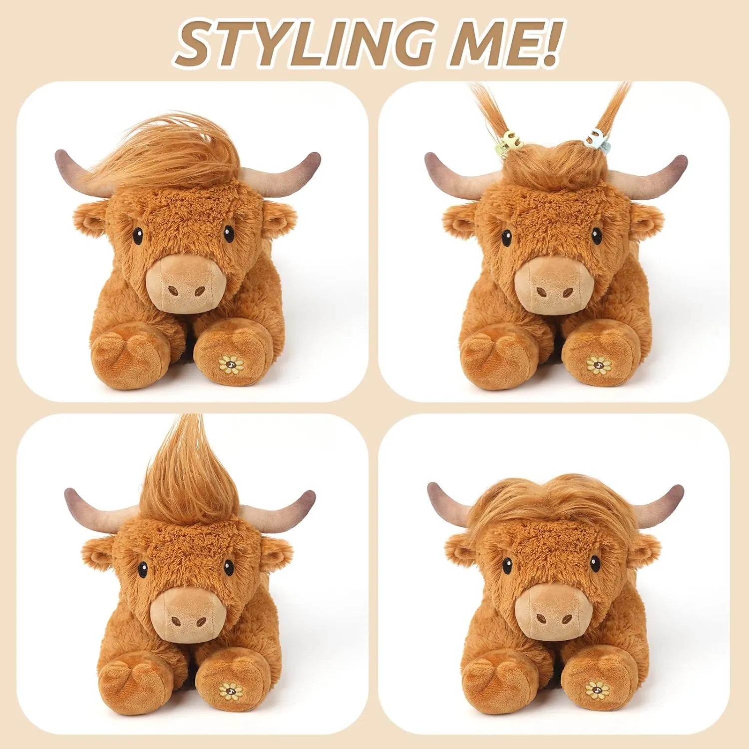 Highland Cow Stuffed Animal with Mooing Sound, Adorable Fluffy Plush Stuffed Animals Highland Cattle, Cute Soft Plushie Toys for Kids Adults & Children Gift (Boys, Girls), 14 Inches