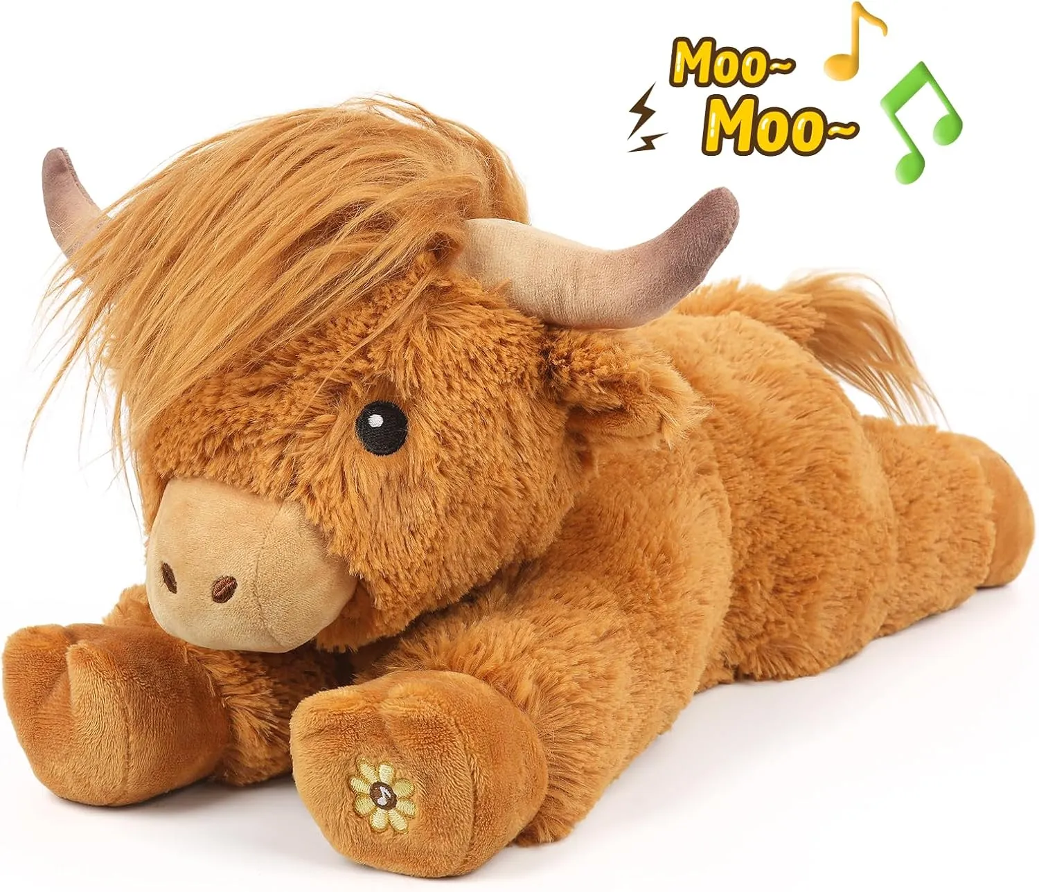 Highland Cow Stuffed Animal with Mooing Sound, Adorable Fluffy Plush Stuffed Animals Highland Cattle, Cute Soft Plushie Toys for Kids Adults & Children Gift (Boys, Girls), 14 Inches