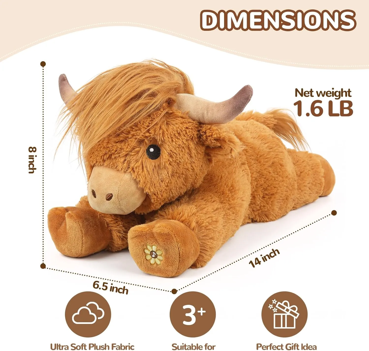 Highland Cow Stuffed Animal with Mooing Sound, Adorable Fluffy Plush Stuffed Animals Highland Cattle, Cute Soft Plushie Toys for Kids Adults & Children Gift (Boys, Girls), 14 Inches