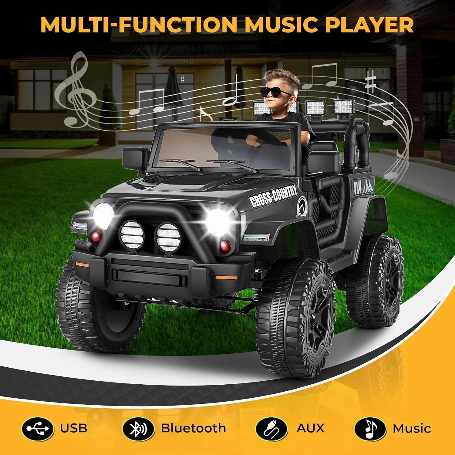 Hikole Electric Ride on Truck for Kids, 12V Battery Powered Car w/Parent Remote Control, Music, Windshield, Spring Suspension, 3 Speeds, Kids Electric Vehicles for Boys & Girls - Black