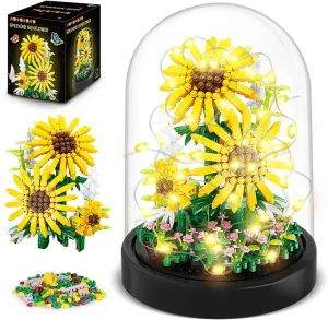 HOGOKIDS Flower Bouquet Building Kit with LED Lighting - 596 PCS Bonsai Tree Sets with Cover Botanical Building Blocks | Birthday Mini Bricks Valentines Day Gift for Adult Girlfriend Wife (Sunflowers)