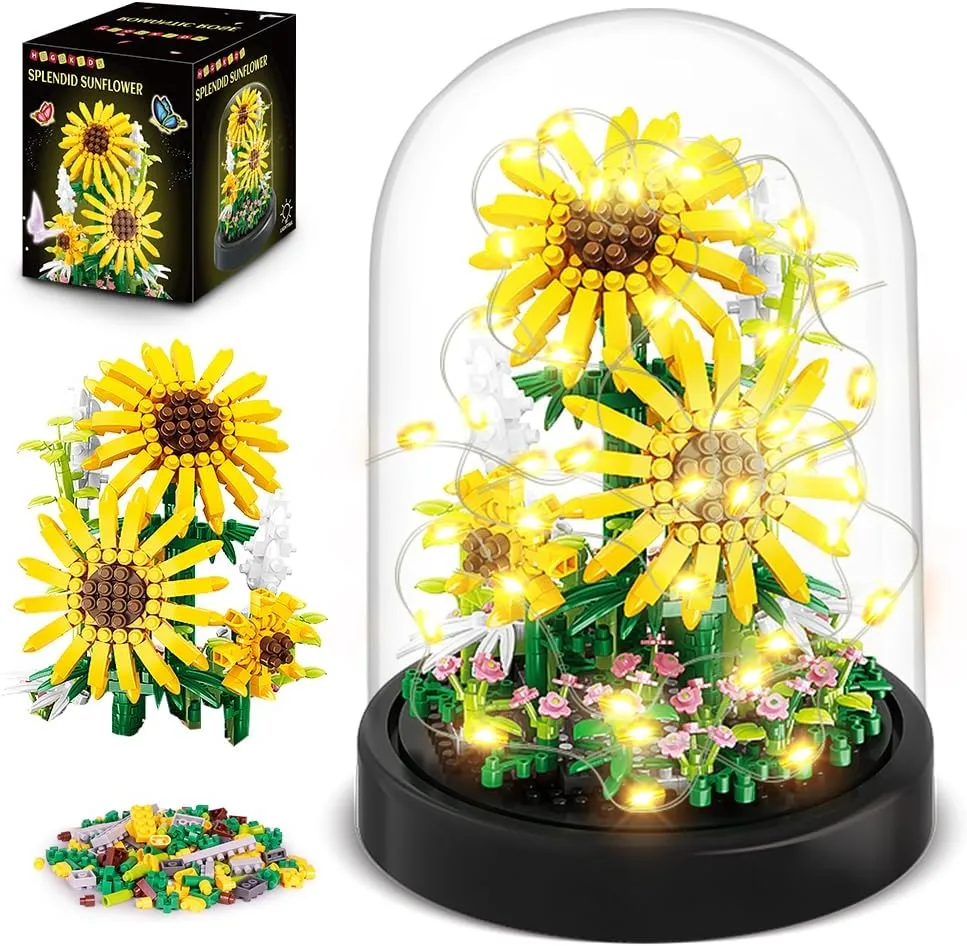 HOGOKIDS Flower Bouquet Building Kit with LED Lighting - 596 PCS Bonsai Tree Sets with Cover Botanical Building Blocks | Birthday Mini Bricks Valentines Day Gift for Adult Girlfriend Wife (Sunflowers)