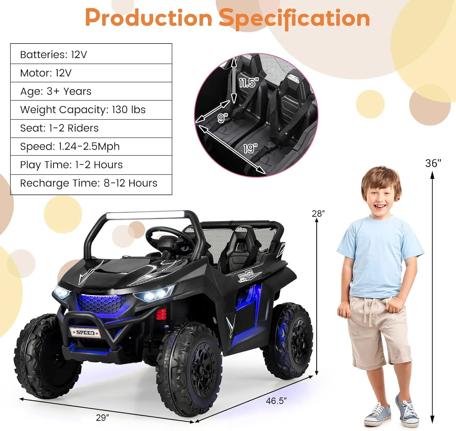 HONEY JOY 2 Seater Ride On Car, 12V Battery Powered Ride On Truck w/Remote Control, Spring Suspension, High/Low Speed, Storage, Music, USB, Ambience Lights, Electric Vehicle UTV for Kids (Black)