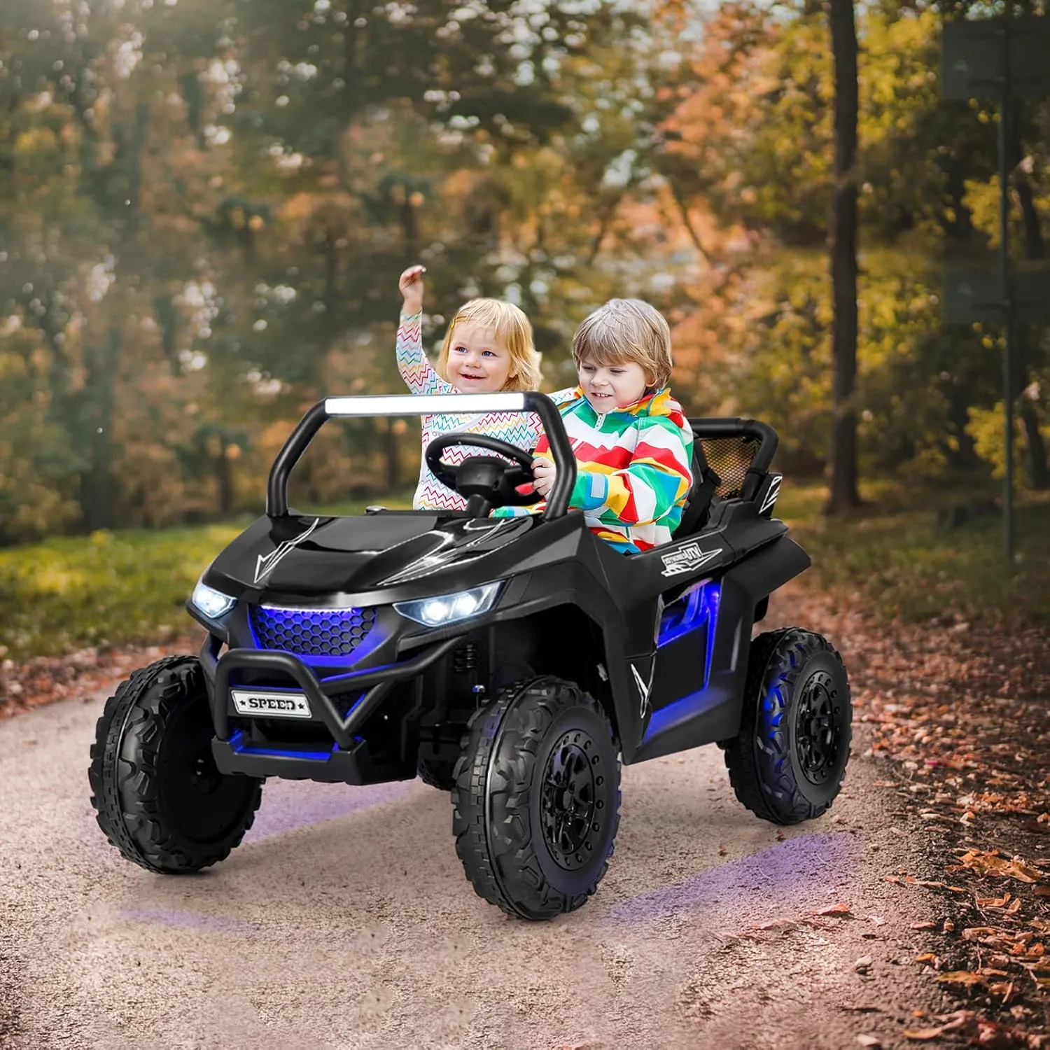 HONEY JOY 2 Seater Ride On Car, 12V Battery Powered Ride On Truck w/Remote Control, Spring Suspension, High/Low Speed, Storage, Music, USB, Ambience Lights, Electric Vehicle UTV for Kids (Black)