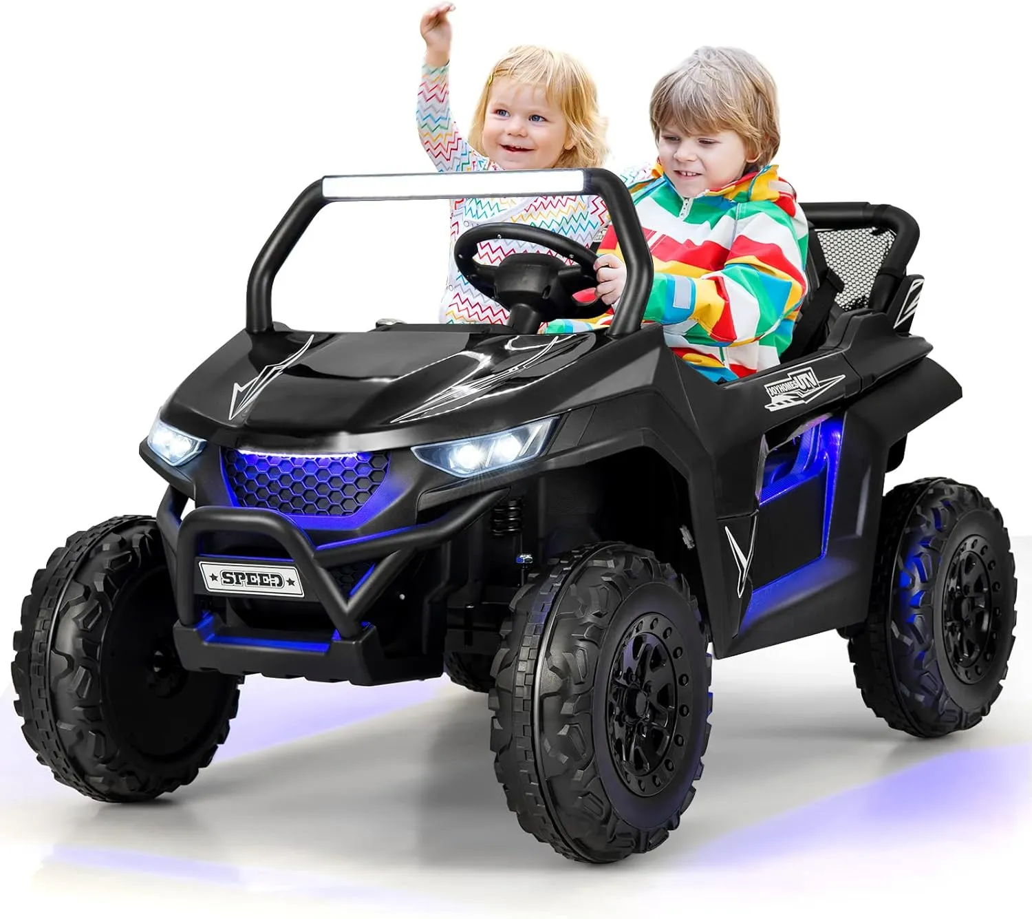 HONEY JOY 2 Seater Ride On Car, 12V Battery Powered Ride On Truck w/Remote Control, Spring Suspension, High/Low Speed, Storage, Music, USB, Ambience Lights, Electric Vehicle UTV for Kids (Black)