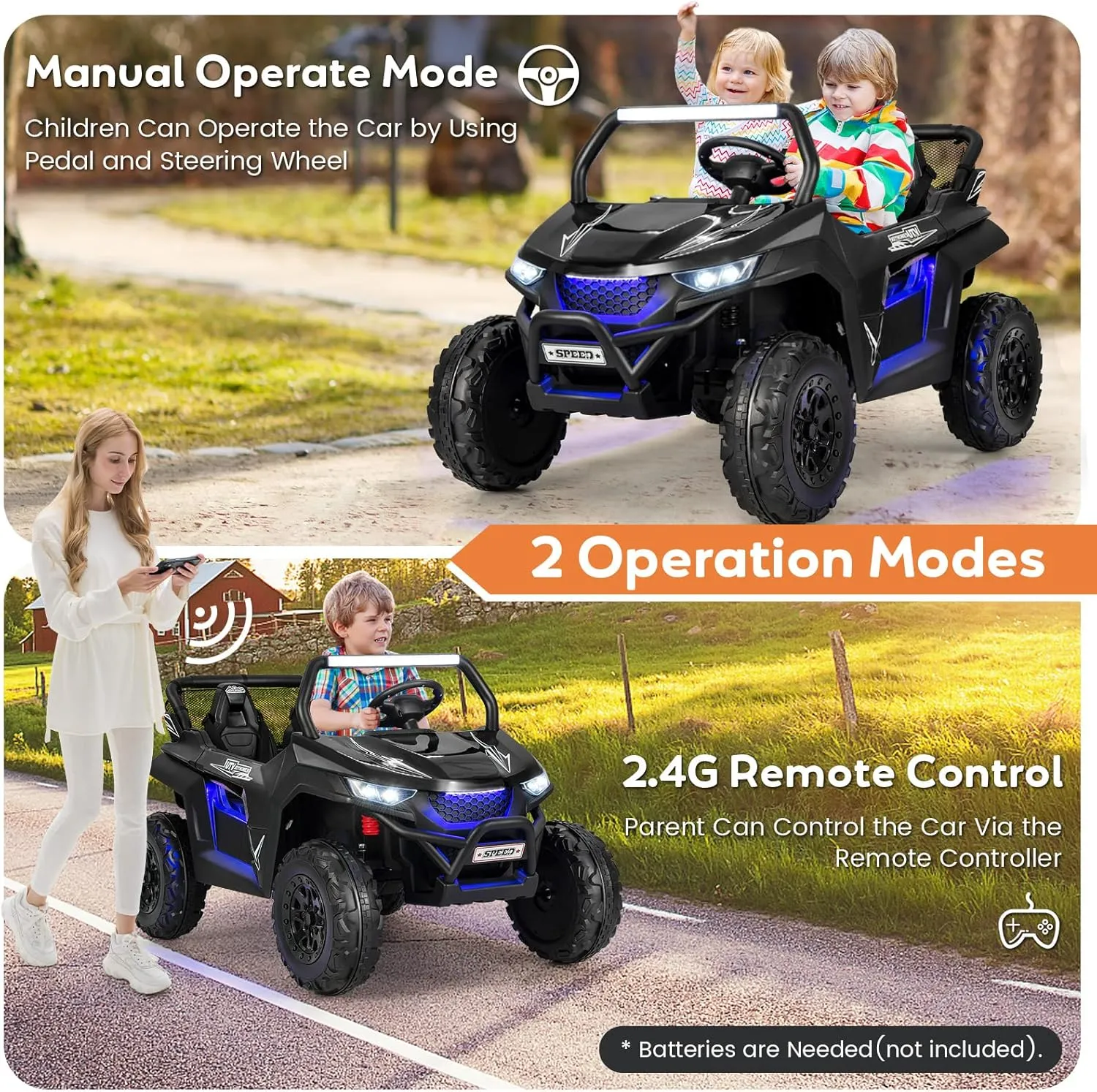 HONEY JOY 2 Seater Ride On Car, 12V Battery Powered Ride On Truck w/Remote Control, Spring Suspension, High/Low Speed, Storage, Music, USB, Ambience Lights, Electric Vehicle UTV for Kids (Black)