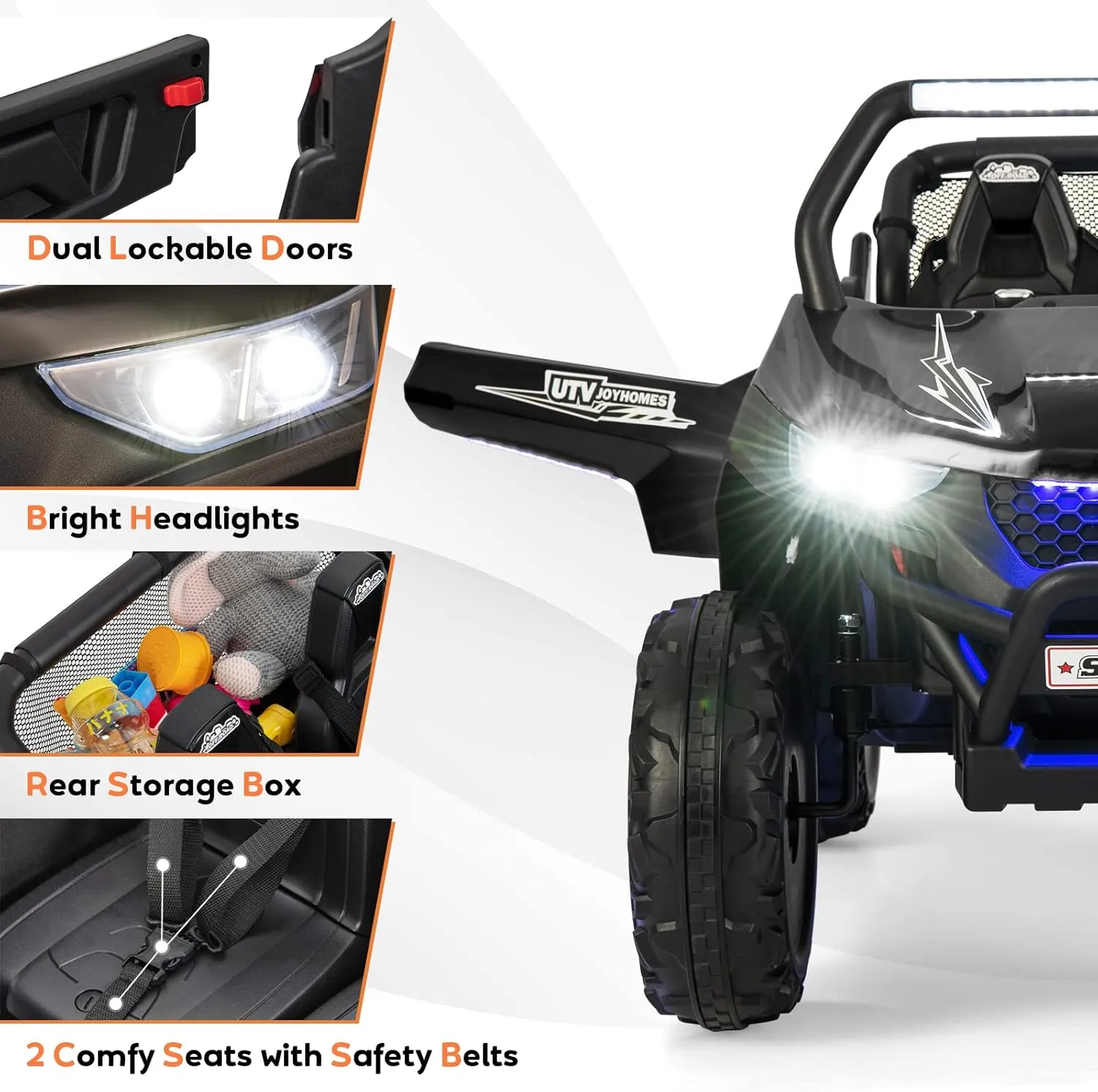 HONEY JOY 2 Seater Ride On Car, 12V Battery Powered Ride On Truck w/Remote Control, Spring Suspension, High/Low Speed, Storage, Music, USB, Ambience Lights, Electric Vehicle UTV for Kids (Black)