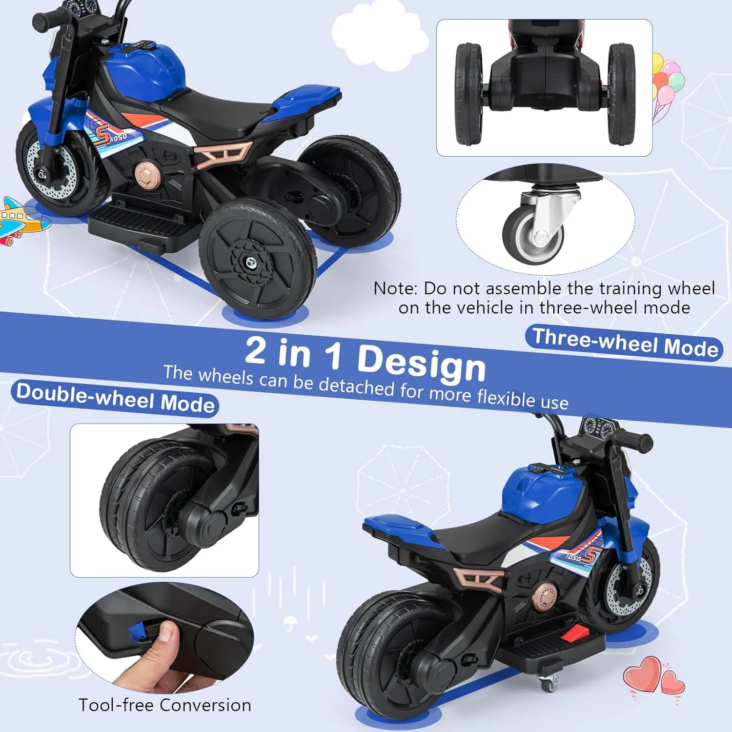 HONEY JOY Ride On Motorcycle, 3 Wheel Toddler Motorcycle with LED Light, Music, Foot Pedal, Forward/Backward, Expandable Rear Wheel, 6V Battery Powered Electric Motorcycle for Kids Boys Girls (Blue)