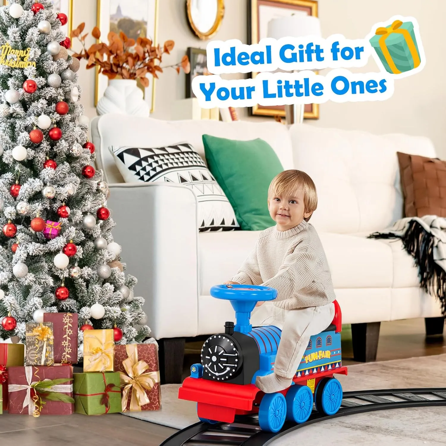 HONEY JOY Ride On Train with Tracks, 6V Battery Powered Electric Ride On Toy for Kids, 16 PCS Tracks, Flashing Lights & Music, Storage Seat, Playable Without Tracks, Gift for Boys Girls (Navy Blue)