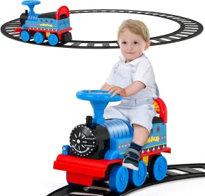HONEY JOY Ride On Train with Tracks, 6V Battery Powered Electric Ride On Toy for Kids, 16 PCS Tracks, Flashing Lights & Music, Storage Seat, Playable Without Tracks, Gift for Boys Girls (Navy Blue)