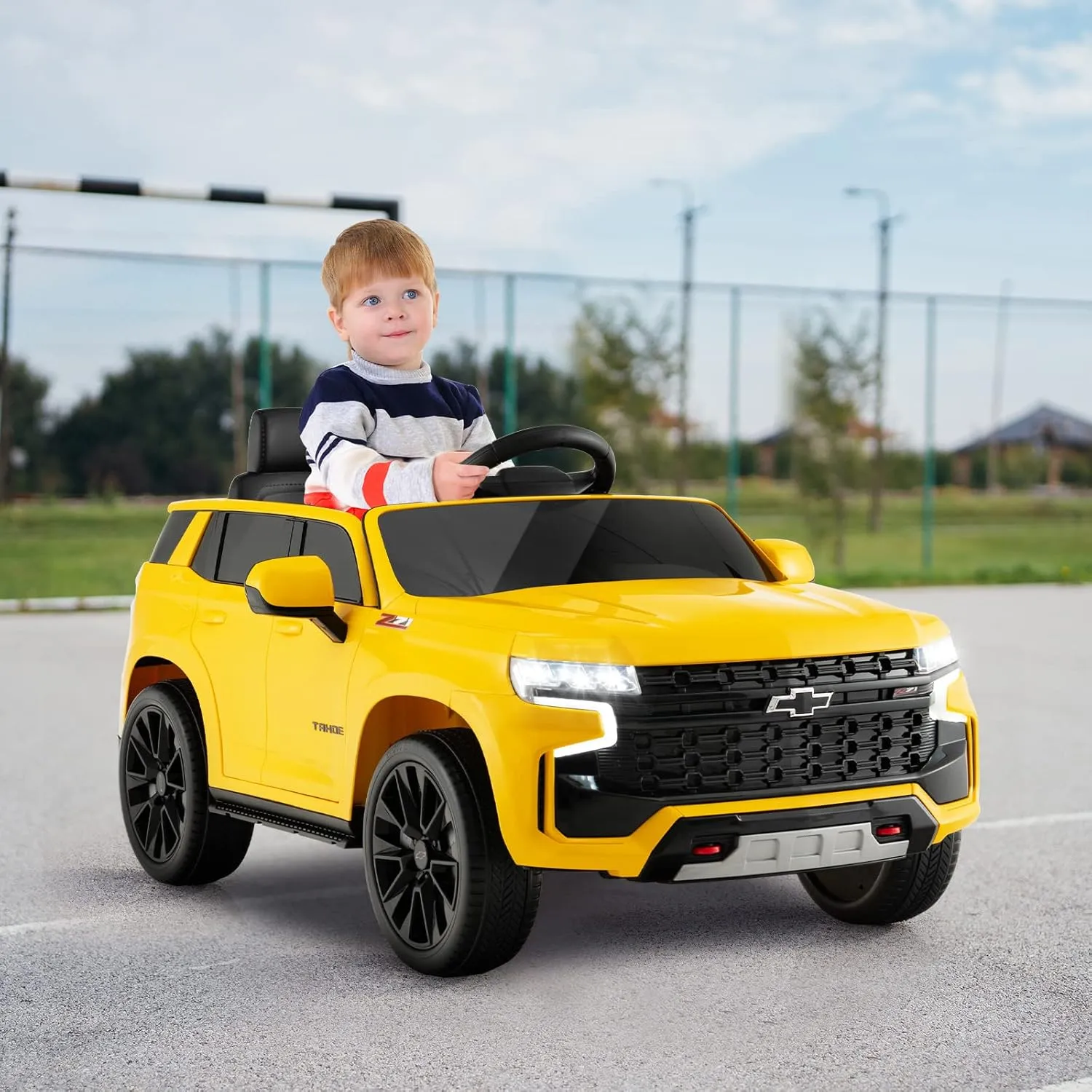 HONEY JOY Ride On Truck, 12V Licensed Chevrolet Tahoe, Chevy Electric Vehicle for Kids, Soft Start, Music, Lights, Battery Powered Ride On Car Toy with Remote Control, Gift for Boys Girls (Yellow)