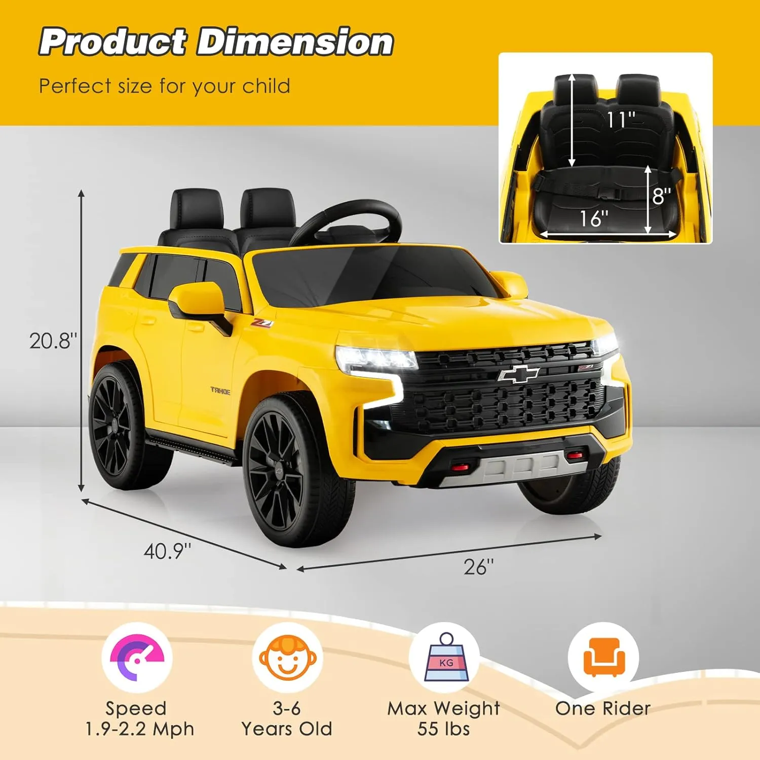 HONEY JOY Ride On Truck, 12V Licensed Chevrolet Tahoe, Chevy Electric Vehicle for Kids, Soft Start, Music, Lights, Battery Powered Ride On Car Toy with Remote Control, Gift for Boys Girls (Yellow)