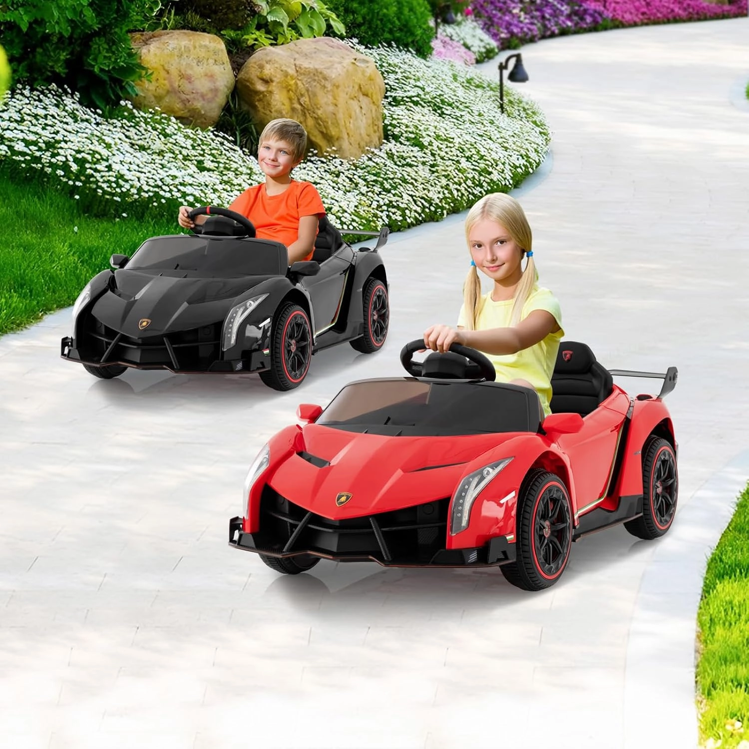 HONEY JOY Ride On Car, 12V Licensed Lamborghini Electric Vehicle for Kids, 3 Speeds, Openable Door, Horn, Music, Control Lever, Toddler Ride On Car Toy with Remote Control, Gift for Boys Girls (Black)
