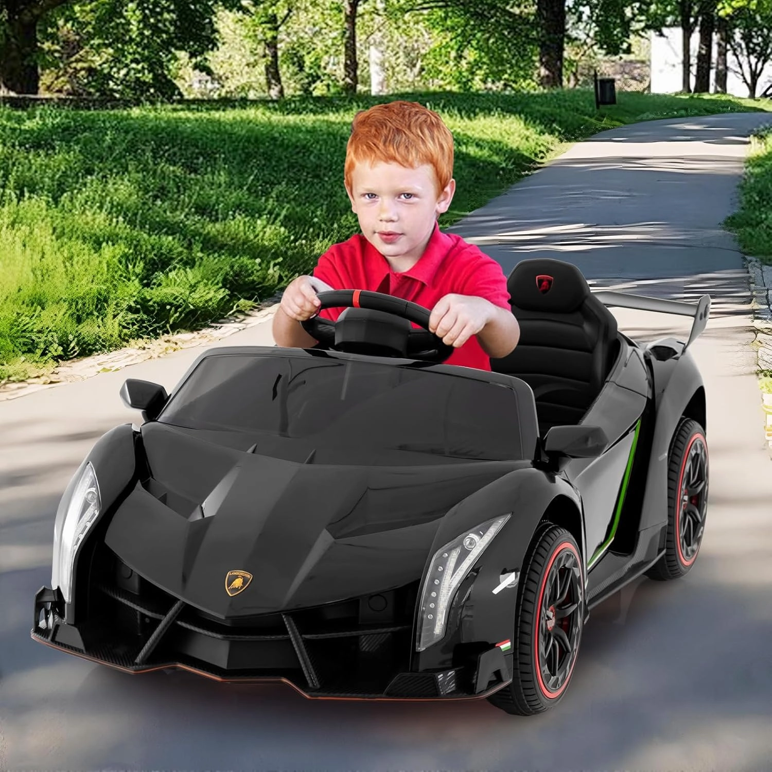 HONEY JOY Ride On Car, 12V Licensed Lamborghini Electric Vehicle for Kids, 3 Speeds, Openable Door, Horn, Music, Control Lever, Toddler Ride On Car Toy with Remote Control, Gift for Boys Girls (Black)