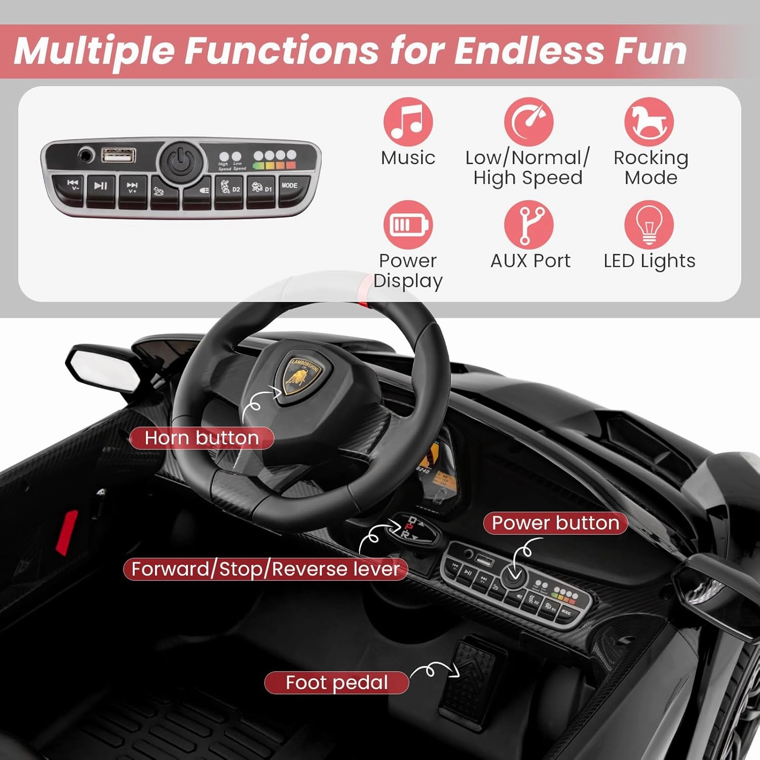 HONEY JOY Ride On Car, 12V Licensed Lamborghini Electric Vehicle for Kids, 3 Speeds, Openable Door, Horn, Music, Control Lever, Toddler Ride On Car Toy with Remote Control, Gift for Boys Girls (Black)