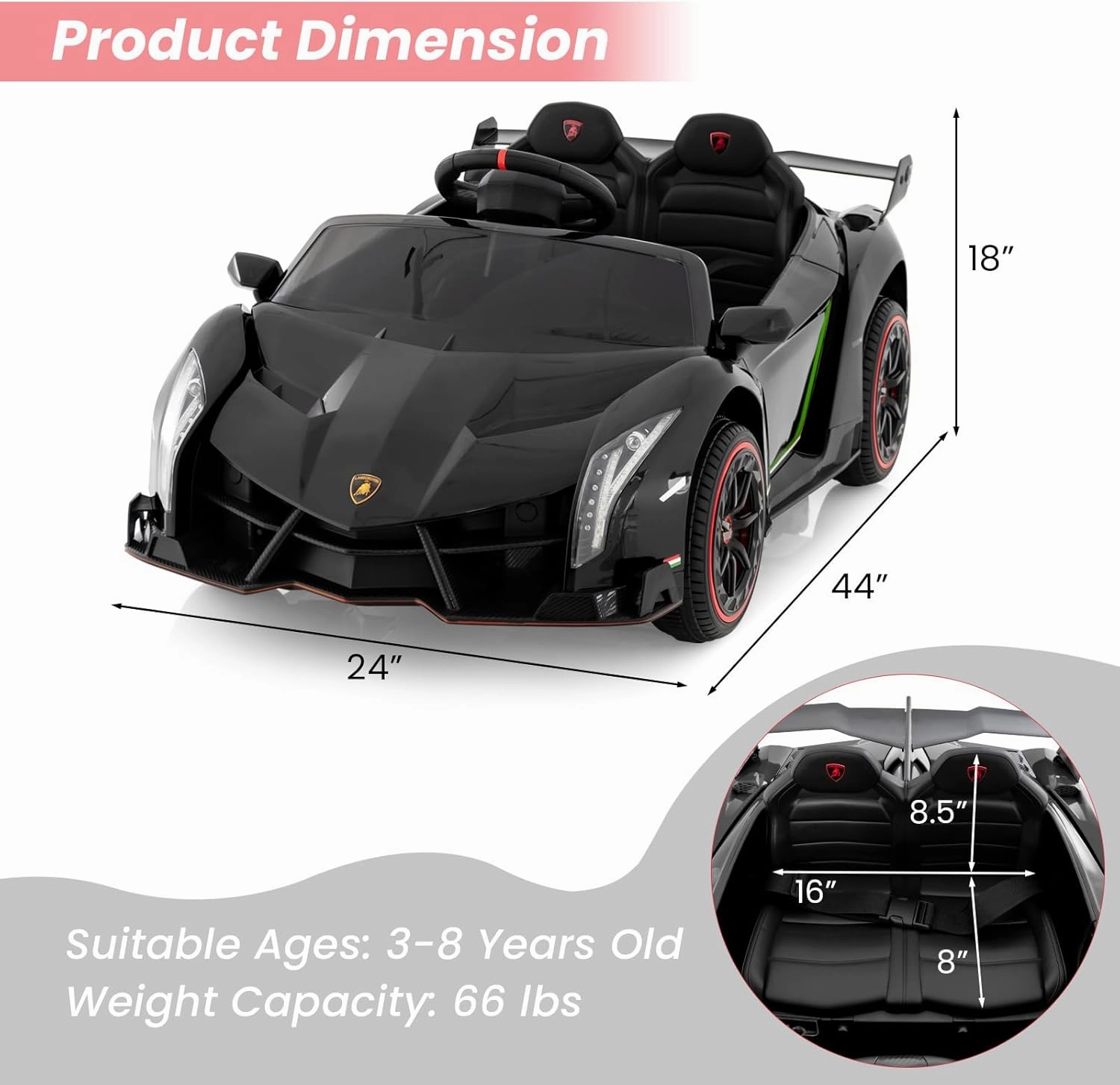 HONEY JOY Ride On Car, 12V Licensed Lamborghini Electric Vehicle for Kids, 3 Speeds, Openable Door, Horn, Music, Control Lever, Toddler Ride On Car Toy with Remote Control, Gift for Boys Girls (Black)