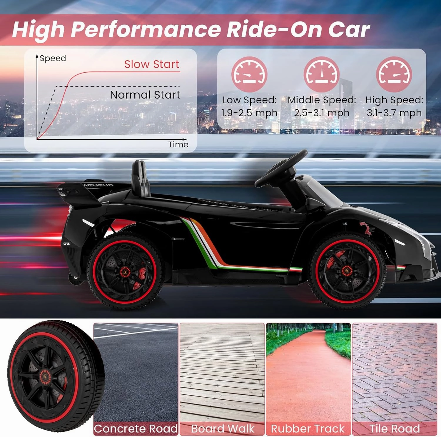 HONEY JOY Ride On Car, 12V Licensed Lamborghini Electric Vehicle for Kids, 3 Speeds, Openable Door, Horn, Music, Control Lever, Toddler Ride On Car Toy with Remote Control, Gift for Boys Girls (Black)