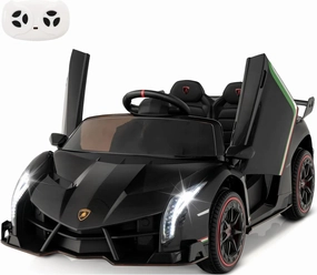 HONEY JOY Ride On Car, 12V Licensed Lamborghini Electric Vehicle for Kids, 3 Speeds, Openable Door, Horn, Music, Control Lever, Toddler Ride On Car Toy with Remote Control, Gift for Boys Girls (Black)