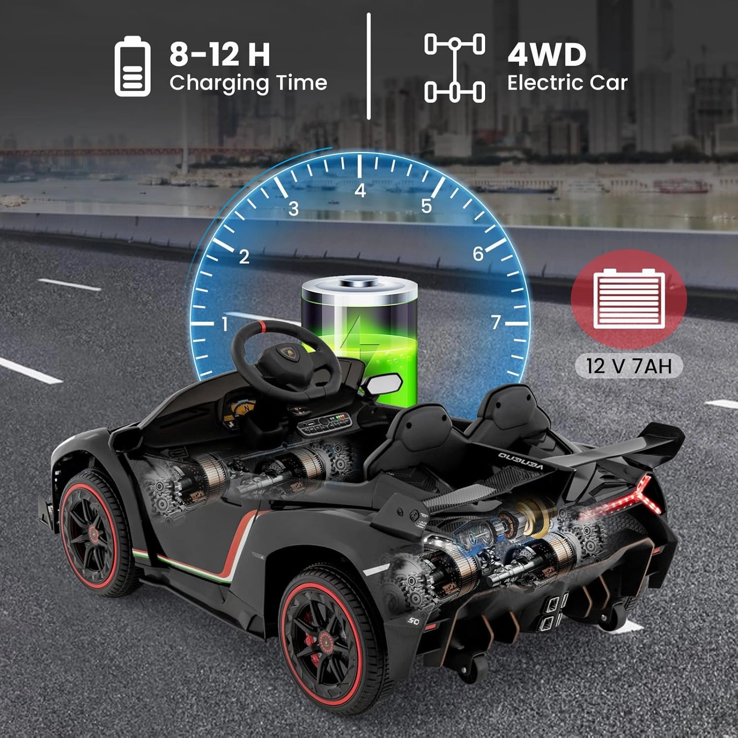 HONEY JOY Ride On Car, 12V Licensed Lamborghini Electric Vehicle for Kids, 3 Speeds, Openable Door, Horn, Music, Control Lever, Toddler Ride On Car Toy with Remote Control, Gift for Boys Girls (Black)