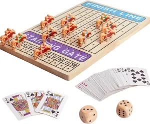 Horse Racing Board Game Wooden Challenge Toy Poker with 11 Durable Horses Dice & Cards for Kids Family Game Brain Teaser Gamble Game Chess