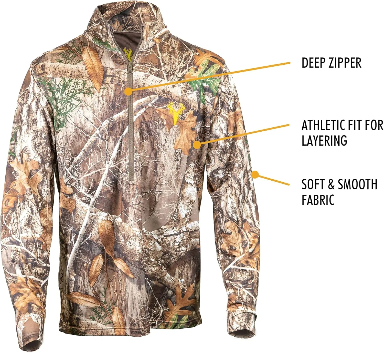 HOT SHOT Men’s Camo Zip Performance Shirt, Midweight Durable Quarter Zip Pullover, Warm Hunting Clothes for Fishing, Camping