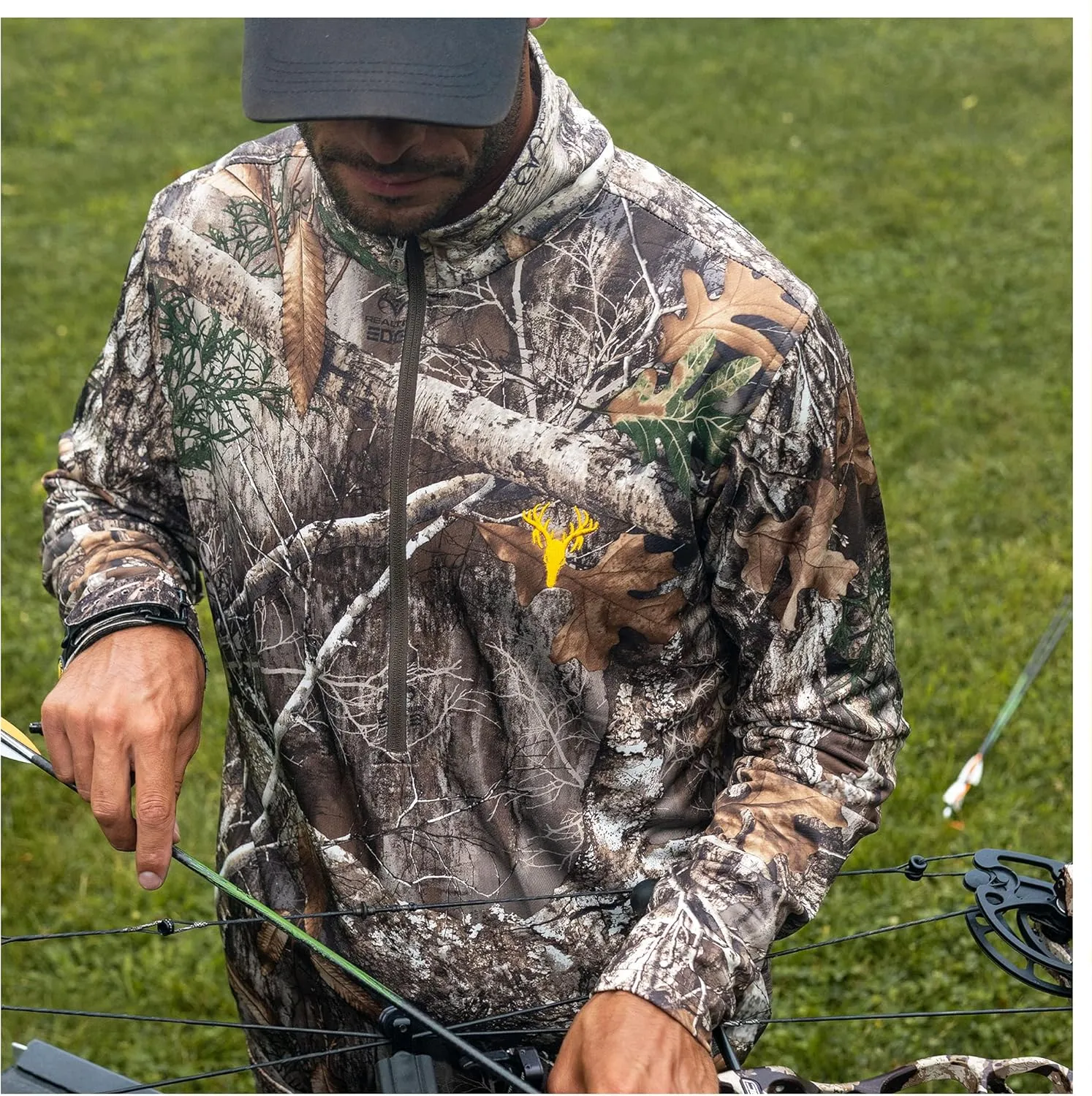 HOT SHOT Men’s Camo Zip Performance Shirt, Midweight Durable Quarter Zip Pullover, Warm Hunting Clothes for Fishing, Camping