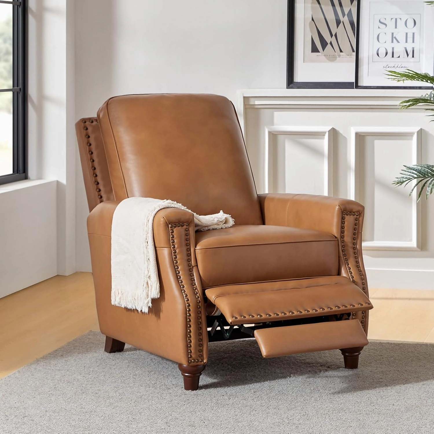 HULALA HOME Genuine Leather Recliner Chair Set of 2, Push Back Recliner Armchair with Thick Seat and Backrest(Camel)