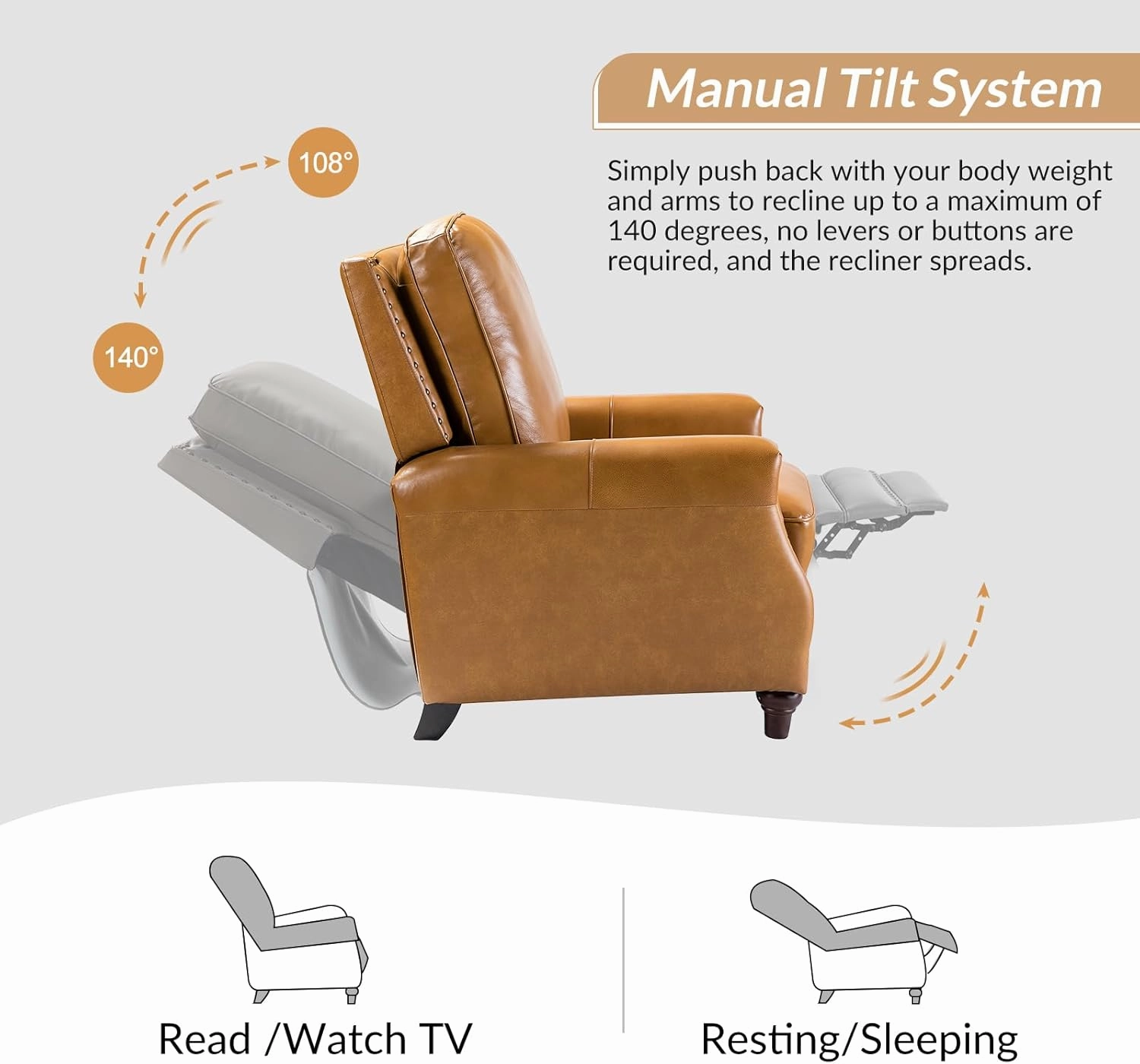 HULALA HOME Genuine Leather Recliner Chair Set of 2, Push Back Recliner Armchair with Thick Seat and Backrest(Camel)