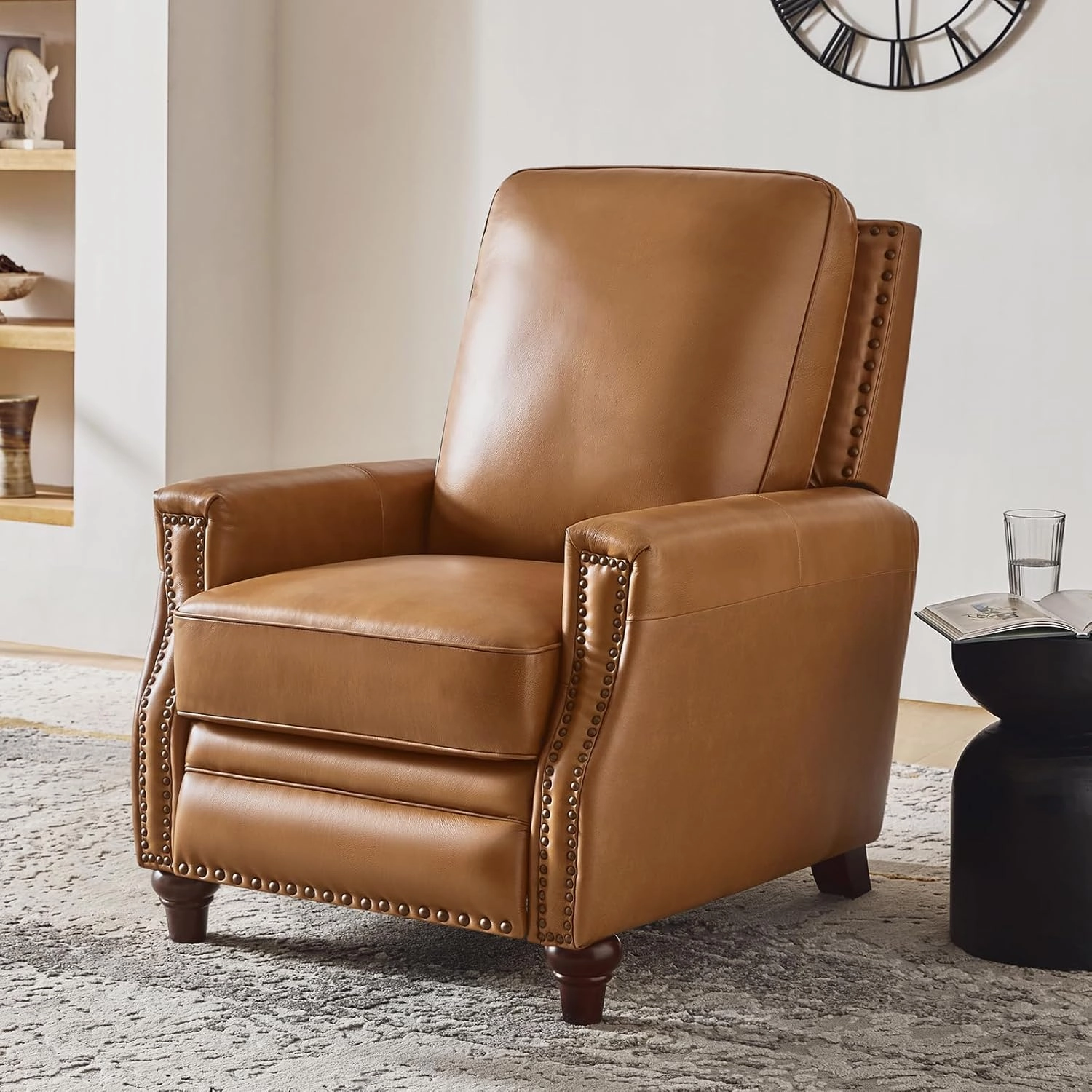 HULALA HOME Genuine Leather Recliner Chair Set of 2, Push Back Recliner Armchair with Thick Seat and Backrest(Camel)