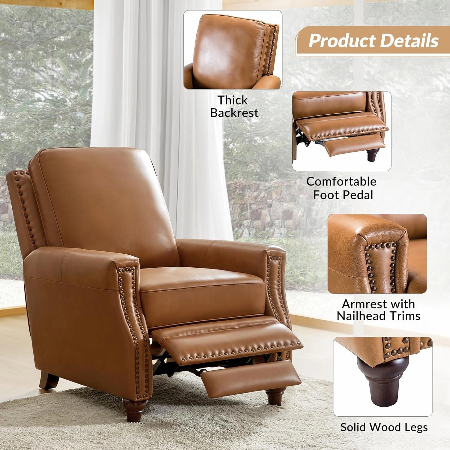 HULALA HOME Genuine Leather Recliner Chair Set of 2, Push Back Recliner Armchair with Thick Seat and Backrest(Camel)
