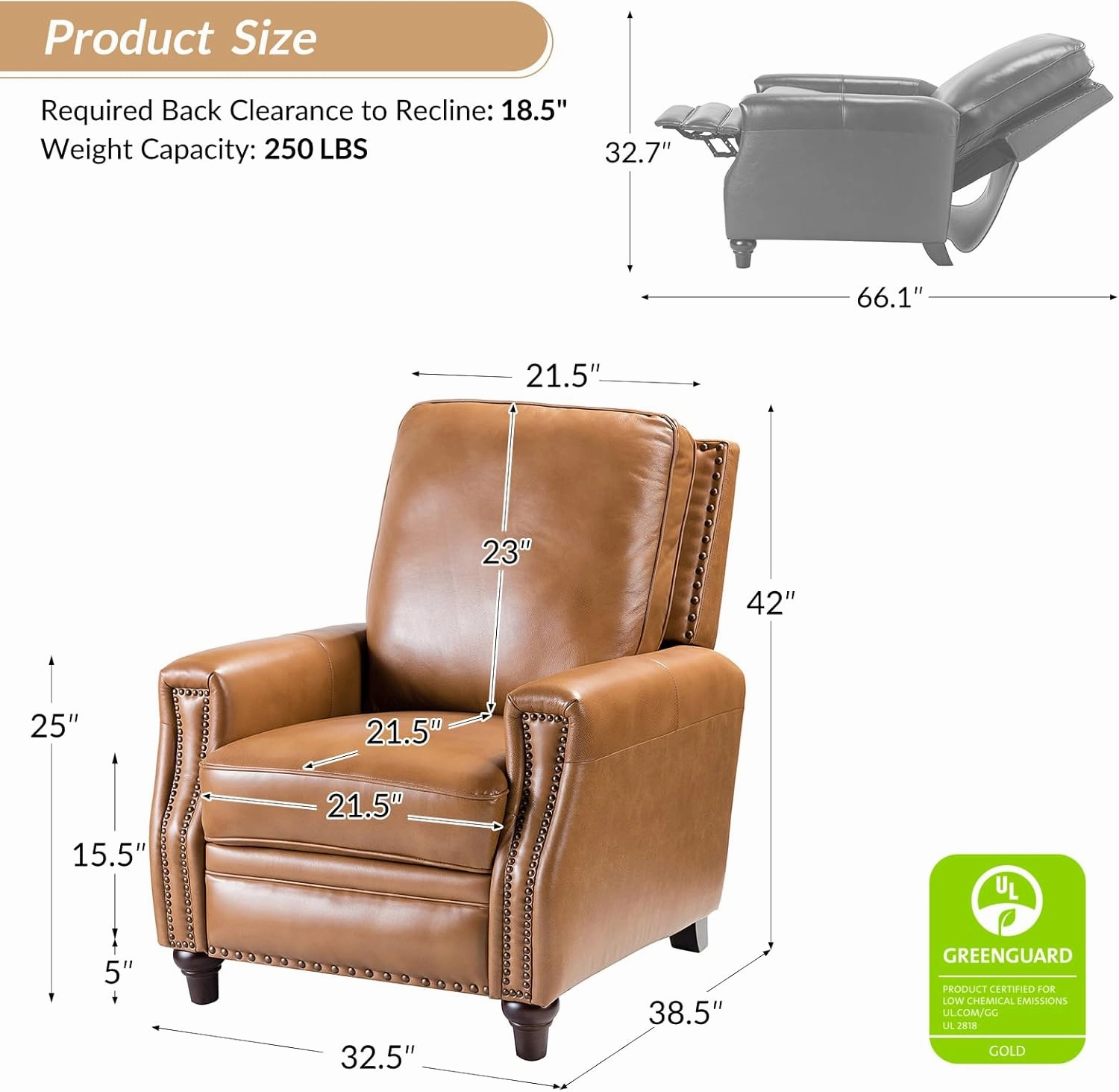HULALA HOME Genuine Leather Recliner Chair Set of 2, Push Back Recliner Armchair with Thick Seat and Backrest(Camel)