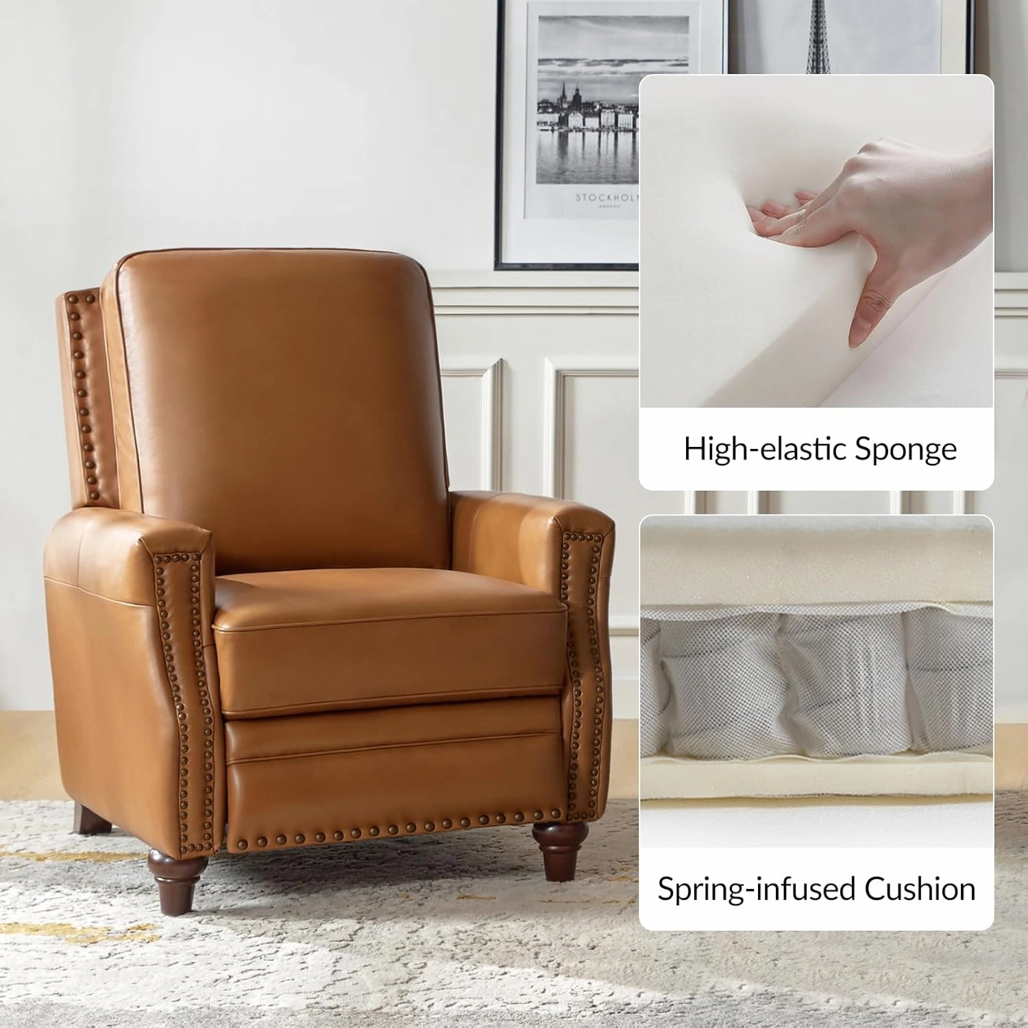 HULALA HOME Genuine Leather Recliner Chair Set of 2, Push Back Recliner Armchair with Thick Seat and Backrest(Camel)