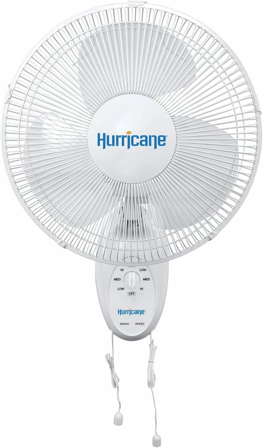 Hurricane Supreme Oscillating Wall Mount Fan w/ 3 Quiet Speeds, White, 16" - Corded Electric Air Cooling Unit w/Easy Pull Cord Controls for Homes, Greenhouses, Garages, Workshops & Gyms