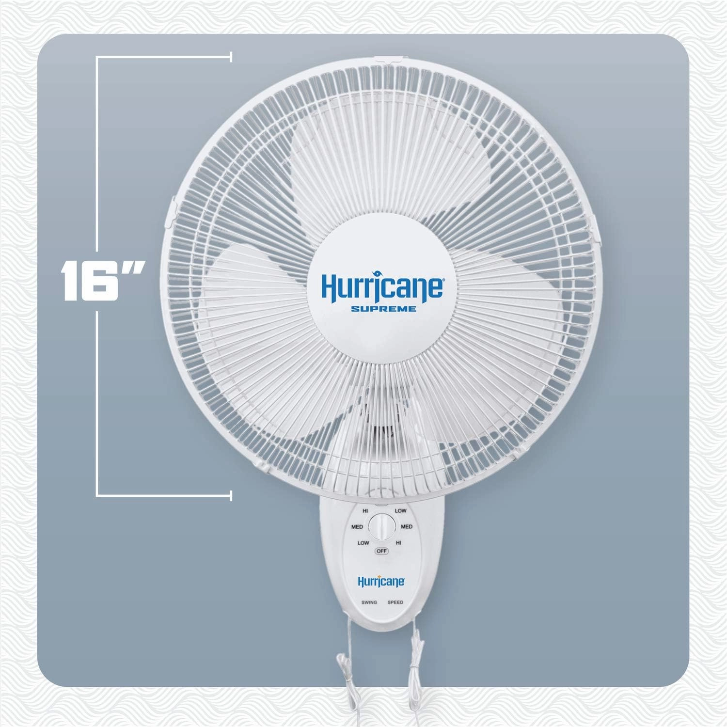 Hurricane Supreme Oscillating Wall Mount Fan w/ 3 Quiet Speeds, White, 16" - Corded Electric Air Cooling Unit w/Easy Pull Cord Controls for Homes, Greenhouses, Garages, Workshops & Gyms