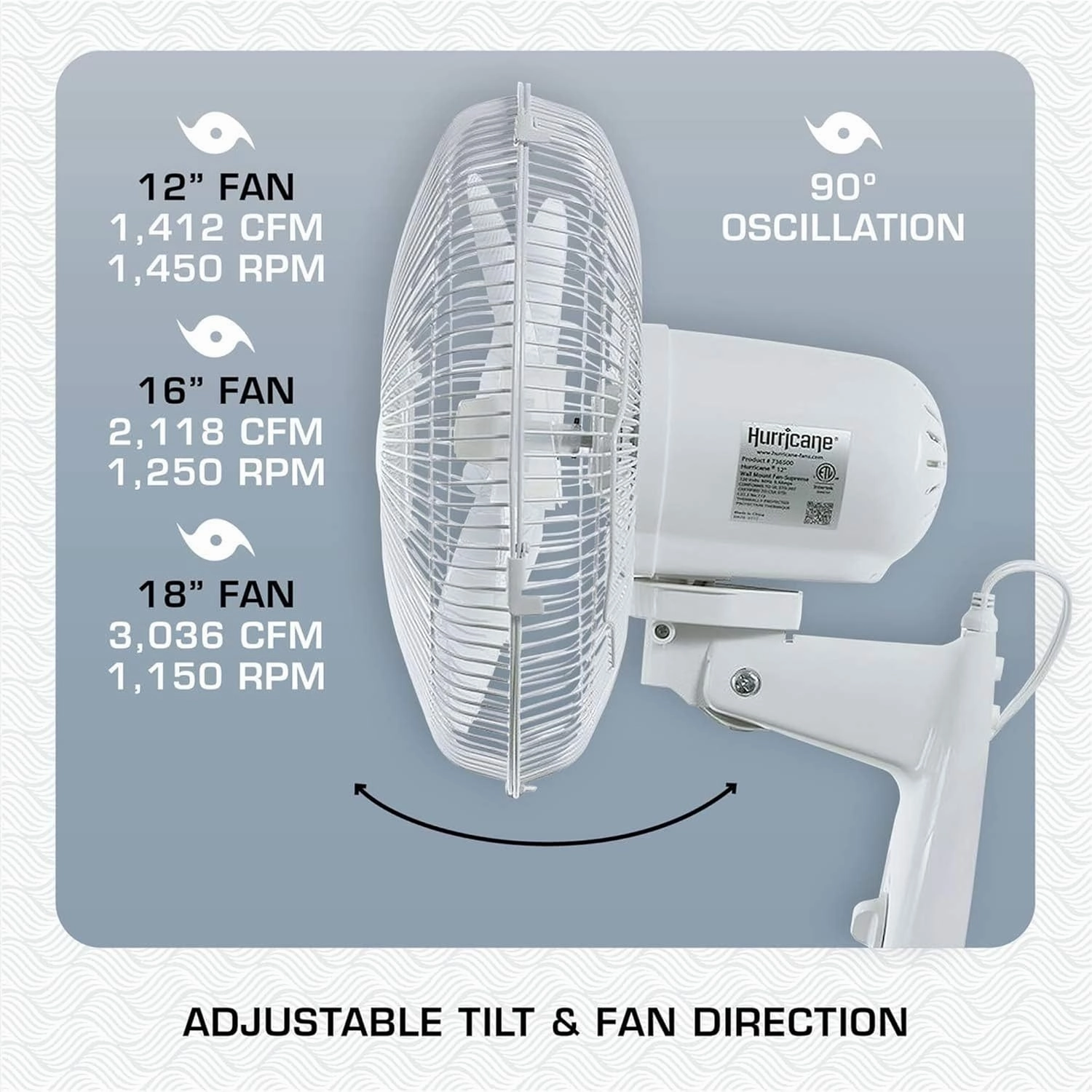 Hurricane Supreme Oscillating Wall Mount Fan w/ 3 Quiet Speeds, White, 16" - Corded Electric Air Cooling Unit w/Easy Pull Cord Controls for Homes, Greenhouses, Garages, Workshops & Gyms