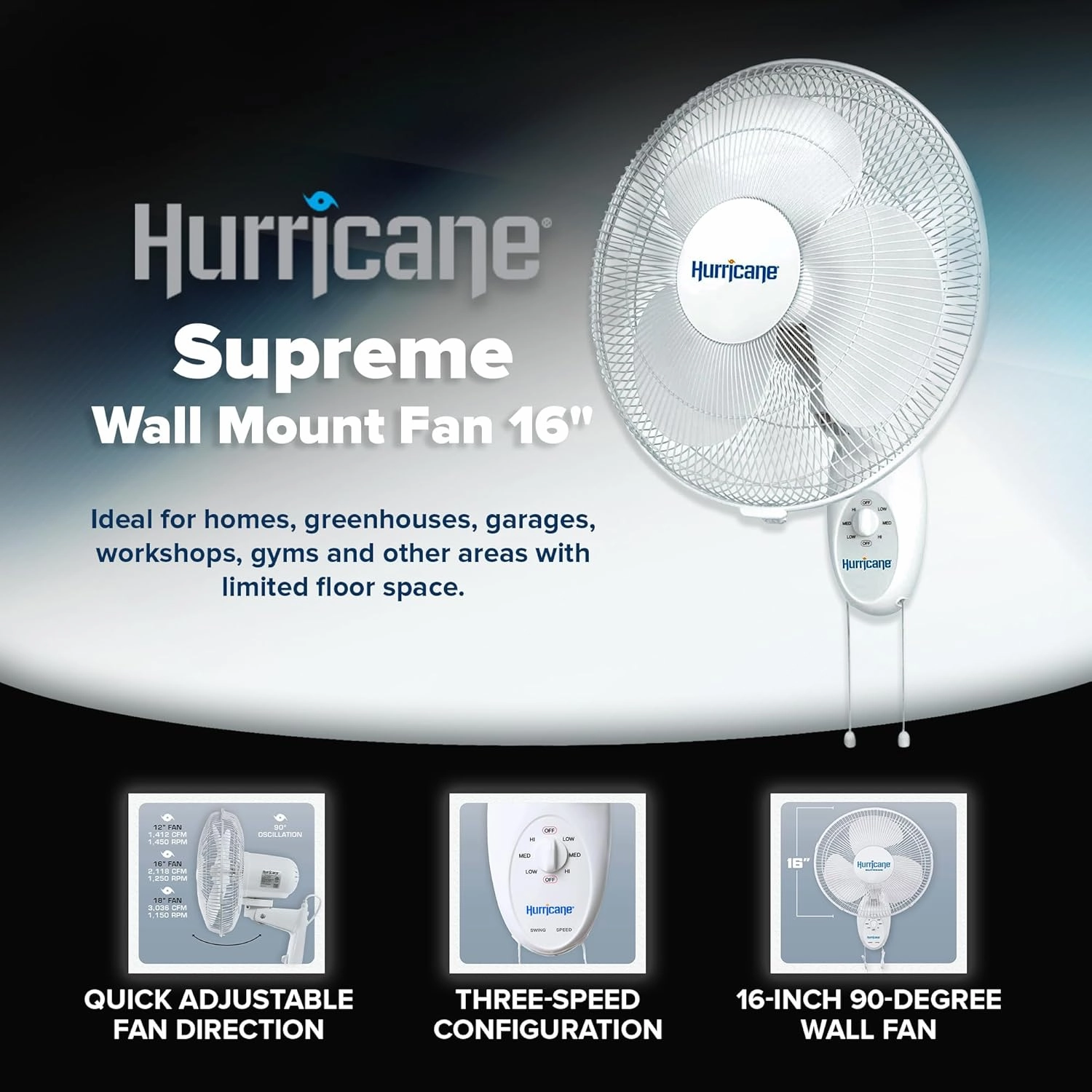 Hurricane Supreme Oscillating Wall Mount Fan w/ 3 Quiet Speeds, White, 16" - Corded Electric Air Cooling Unit w/Easy Pull Cord Controls for Homes, Greenhouses, Garages, Workshops & Gyms