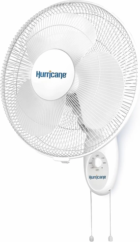 Hurricane Supreme Oscillating Wall Mount Fan w/ 3 Quiet Speeds, White, 16" - Corded Electric Air Cooling Unit w/Easy Pull Cord Controls for Homes, Greenhouses, Garages, Workshops & Gyms