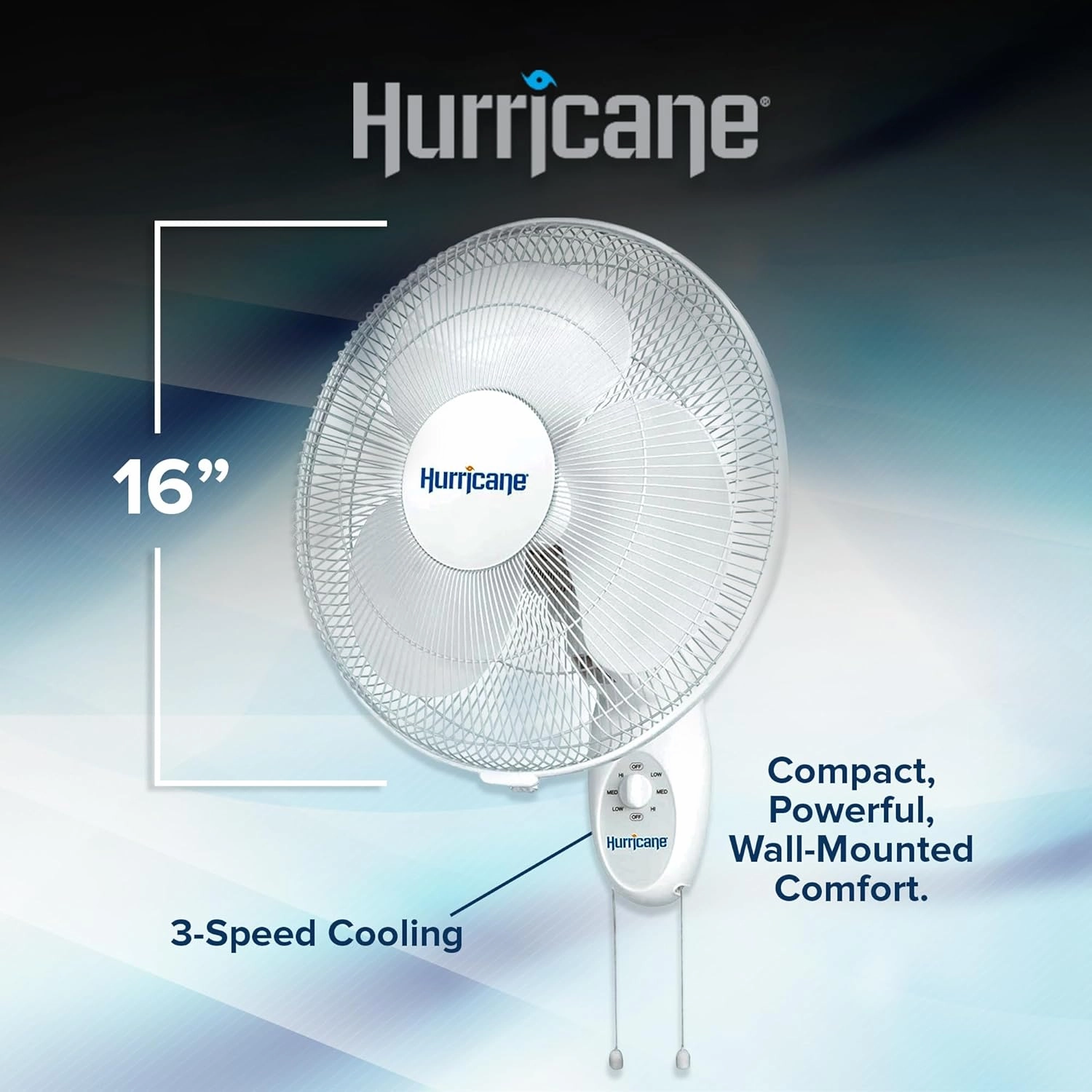 Hurricane Supreme Oscillating Wall Mount Fan w/ 3 Quiet Speeds, White, 16" - Corded Electric Air Cooling Unit w/Easy Pull Cord Controls for Homes, Greenhouses, Garages, Workshops & Gyms
