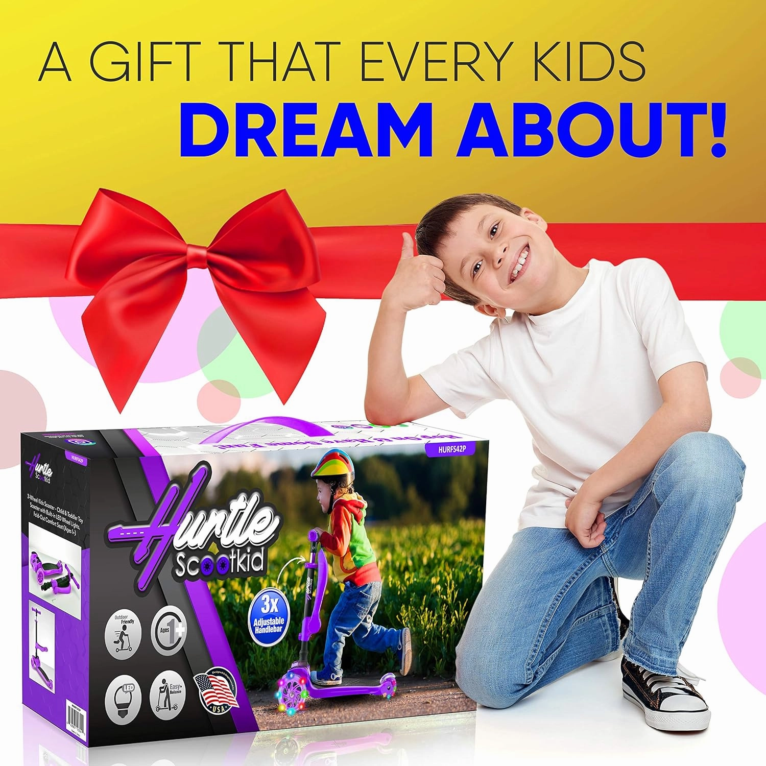 Hurtle 3-Wheeled Scooter for Kids - Wheel LED Lights, Adjustable Lean-to-Steer Handlebar, and Foldable Seat - Sit or Stand Ride with Brake for Boys and Girls Ages 1-14 Years Old