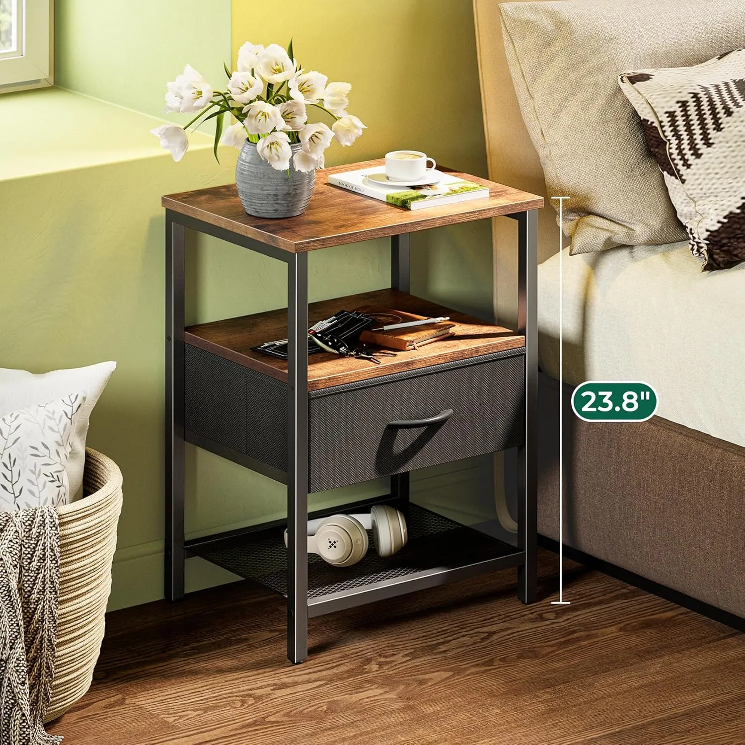 Huuger Nightstand Set of 2, Night Stand with Fabric Drawer, Mesh Shelf, Side Table with Storage, Fabric Drawer Dresser, Open Shelf, Metal Frame, Bedroom, Rustic Brown and Black