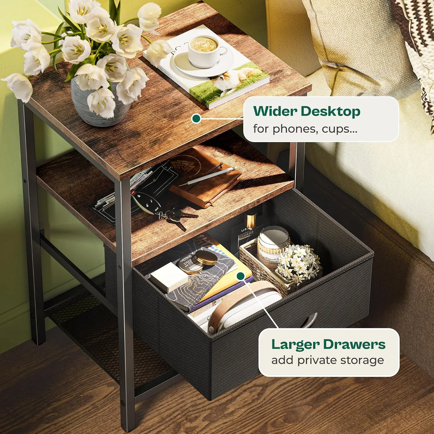 Huuger Nightstand Set of 2, Night Stand with Fabric Drawer, Mesh Shelf, Side Table with Storage, Fabric Drawer Dresser, Open Shelf, Metal Frame, Bedroom, Rustic Brown and Black