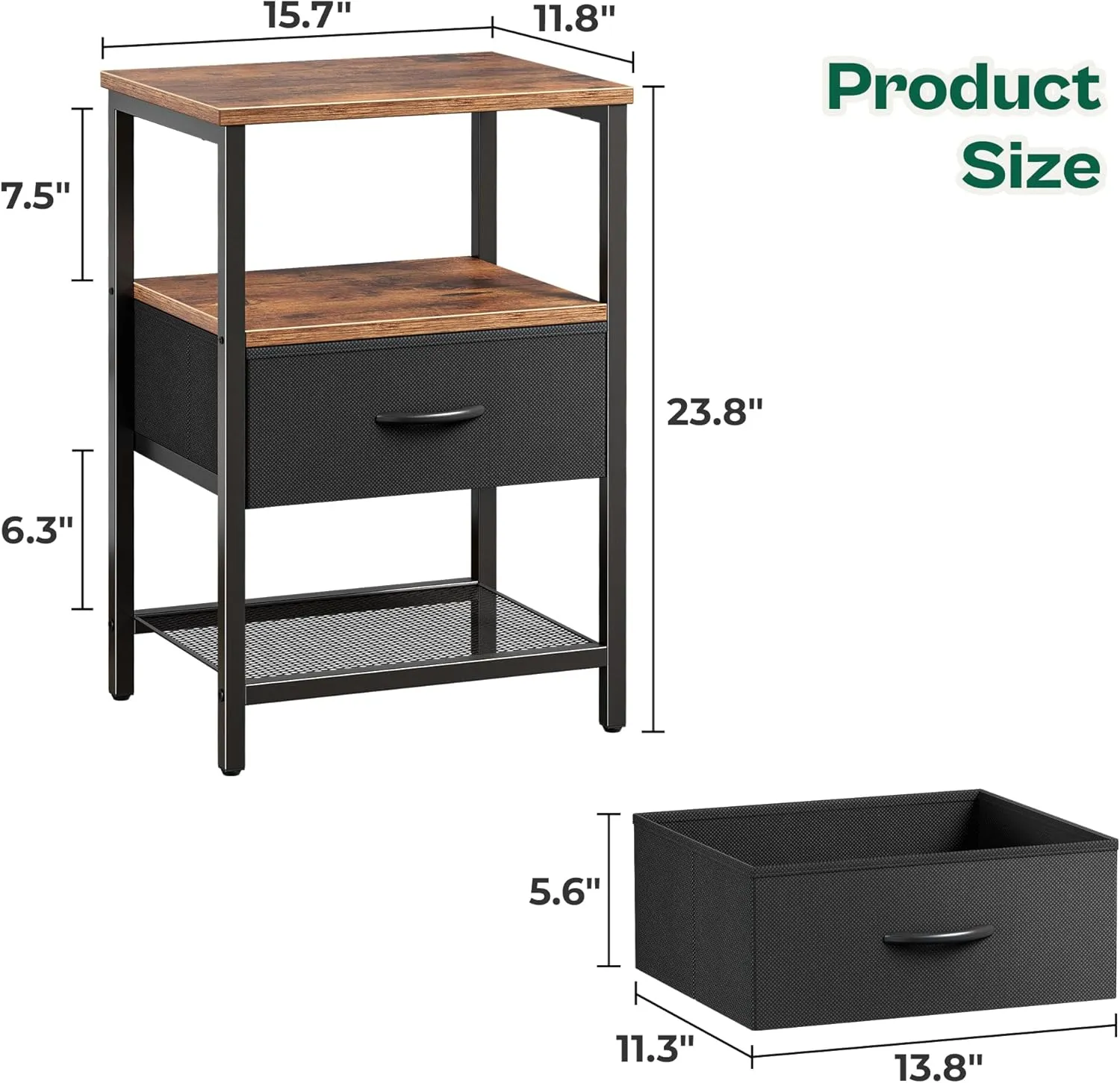 Huuger Nightstand Set of 2, Night Stand with Fabric Drawer, Mesh Shelf, Side Table with Storage, Fabric Drawer Dresser, Open Shelf, Metal Frame, Bedroom, Rustic Brown and Black