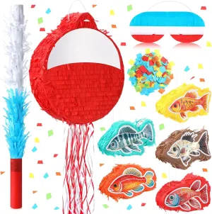 HyDren 9 Pcs Fishing Bobbers Piñata 14 Inch with Stick Blindfold and Confetti for Summer Fish Birthday Party Decorations Favors Photo Prop Supplies