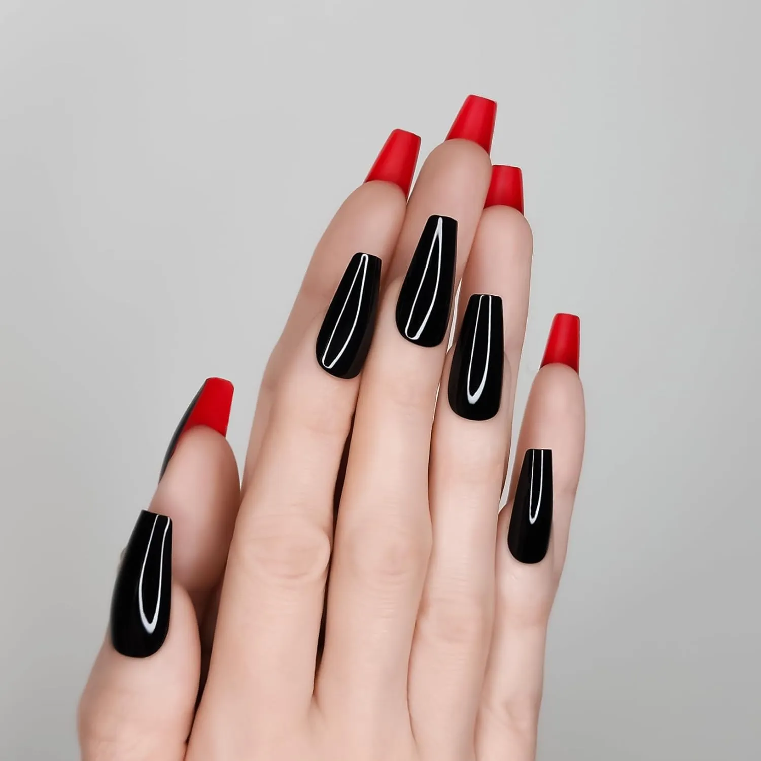 Hypnaughty 30 Pcs Revenge Coffin Black Glossy Press On Nails With Bright Matte Red Underneath & Nail Kit With Glue (Revenge Coffin)