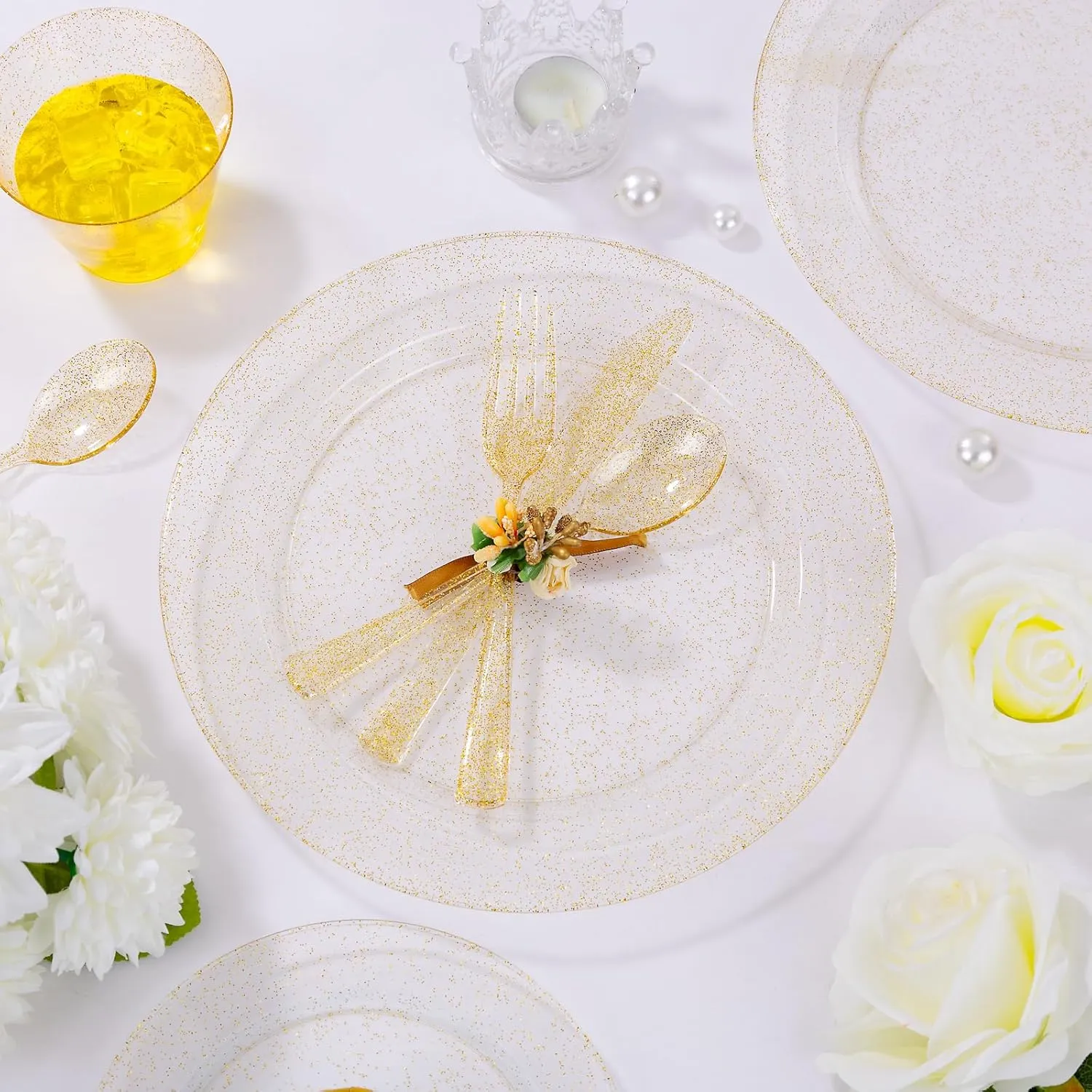 I00000 350 Pcs Gold Glitter Plastic Dinnerware Set for 50 Guests, Plastic Disposable Plates for Party, Include: 50 Dinner Plates,50 Dessert Plates,50 Paper Napkins, 50 Cups, 50 Silverware Set