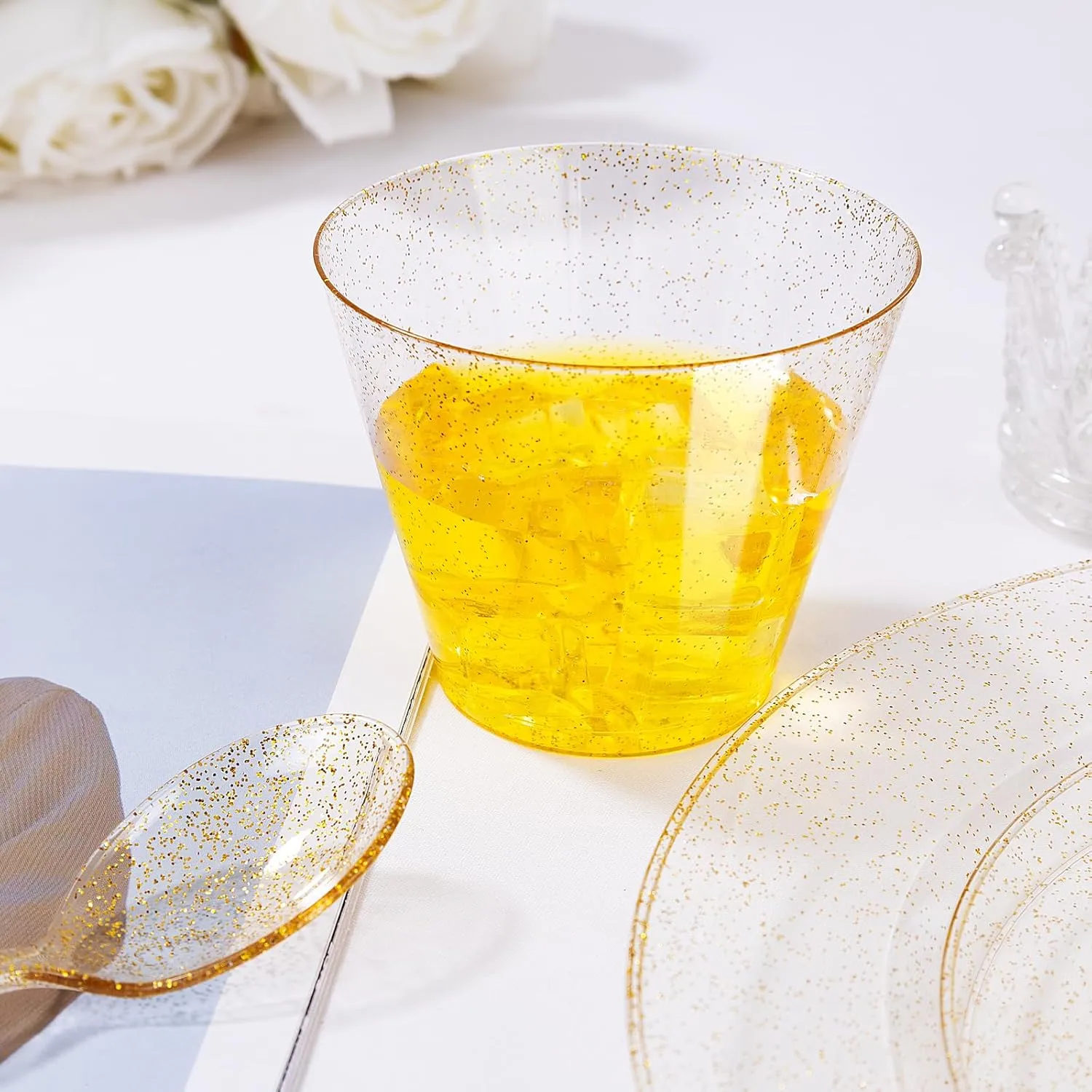 I00000 350 Pcs Gold Glitter Plastic Dinnerware Set for 50 Guests, Plastic Disposable Plates for Party, Include: 50 Dinner Plates,50 Dessert Plates,50 Paper Napkins, 50 Cups, 50 Silverware Set
