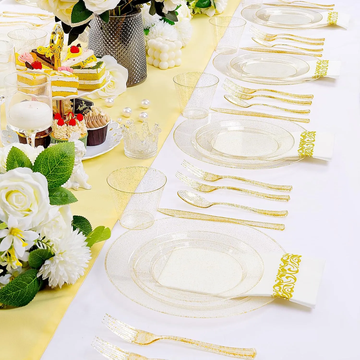 I00000 350 Pcs Gold Glitter Plastic Dinnerware Set for 50 Guests, Plastic Disposable Plates for Party, Include: 50 Dinner Plates,50 Dessert Plates,50 Paper Napkins, 50 Cups, 50 Silverware Set