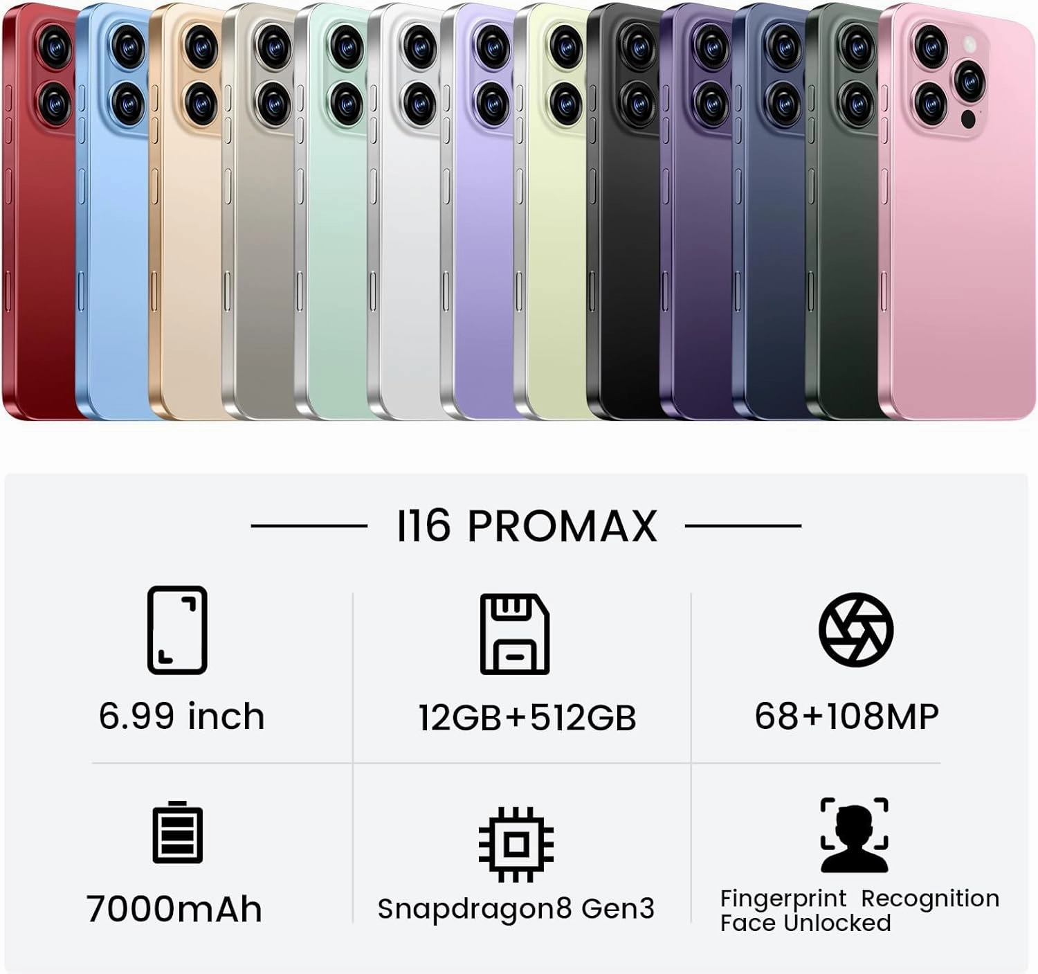 I16 ProMAX 12 512GB Smartphone Unlocked Cell Phone,6.99" HD Screen Unlocked Phones,Battery 7000mAh Android 13,Face ID/Fingerprint Button unlock/Photos/5G/Dual SIM/GPS (White, 12 512)