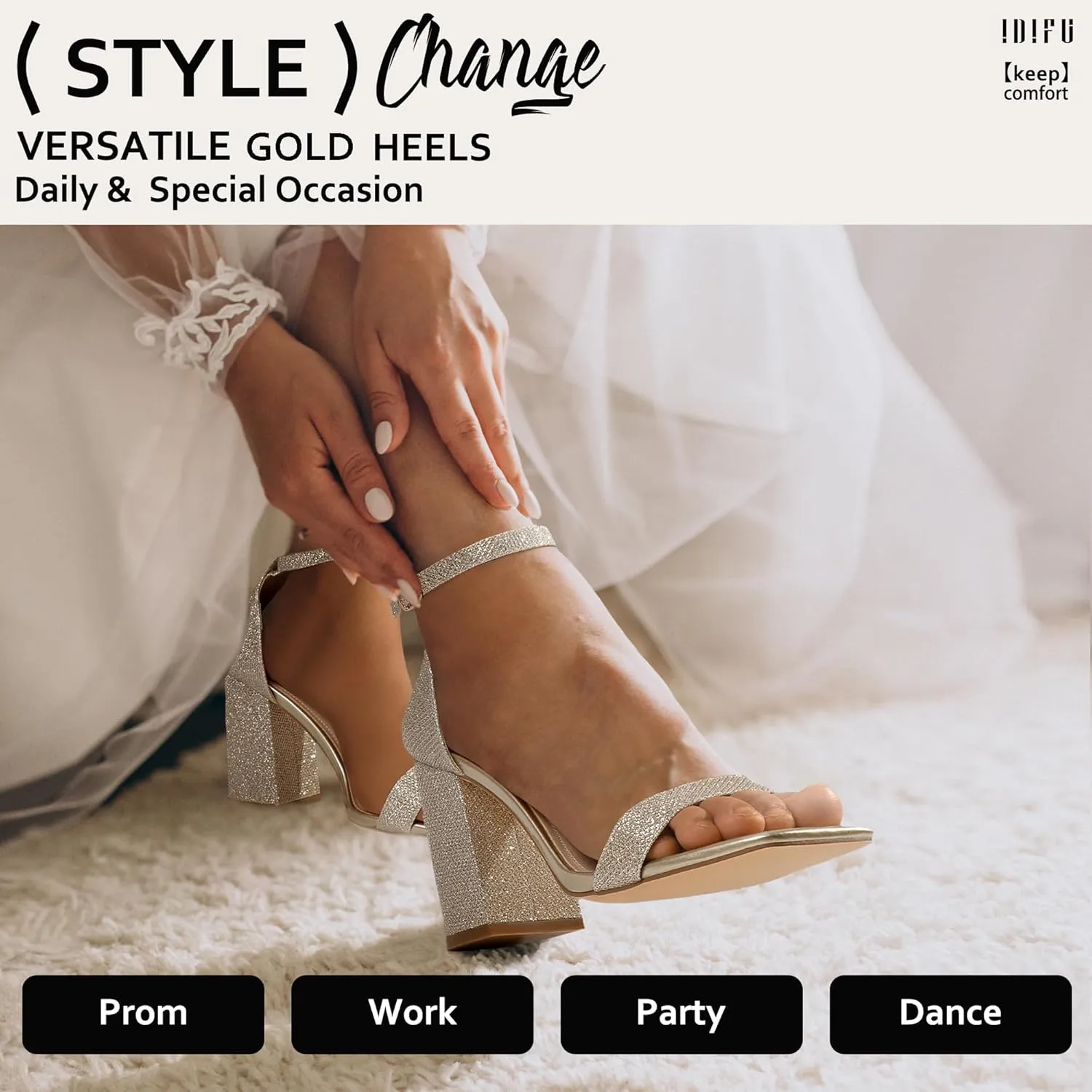 IDIFU IN4 High Chunky Block Heels Square Open Toe Ankle Strap Heeled Sandals Wedding Bridal Prom Dance Summer Dressy Comfortable Sexy Trendy Bride Bridesmaid Dress Shoes Cute Thick Women Heels