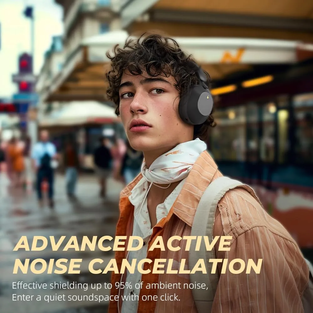 iKF-Solo Active Noise Cancelling Headphones Bluetooth 5.3 Wireless Over Ear Headphones, 130H Playtime, Hi-Res Audio, Support Wired Wireless Connection Custom EQ via App for Travel, Office (All-Black)